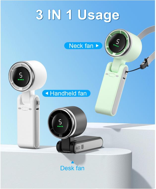 3-in-1 Head-Fold Handheld/Neck/Desk Portable Turbo Fan with LED Display, 3600mAh USB C Rechargeable 12H Runtime,13550 RPM 5 Speeds Adjustable Pocket Cooling Fans for Travel/Camping/Office/Makeup 3-in-1 Head-Fold Handheld/Neck/Desk Portable Turbo Fan with LED Display, 3600mAh USB C Rechargeable 12H Runtime,13550 RPM 5 Speeds Adjustable Pocket Cooling Fans for Travel/Camping/Office/Makeup