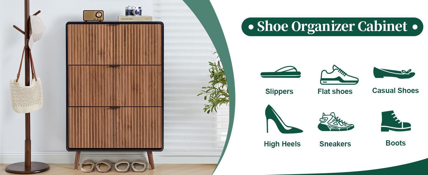 Giratree Modern Mid-Century Wooden Shoe Cabinet, Fluted Design with 2 or 3 Drawers, Stylish Storage Organizer for Entryway, Hallway, or Living Room