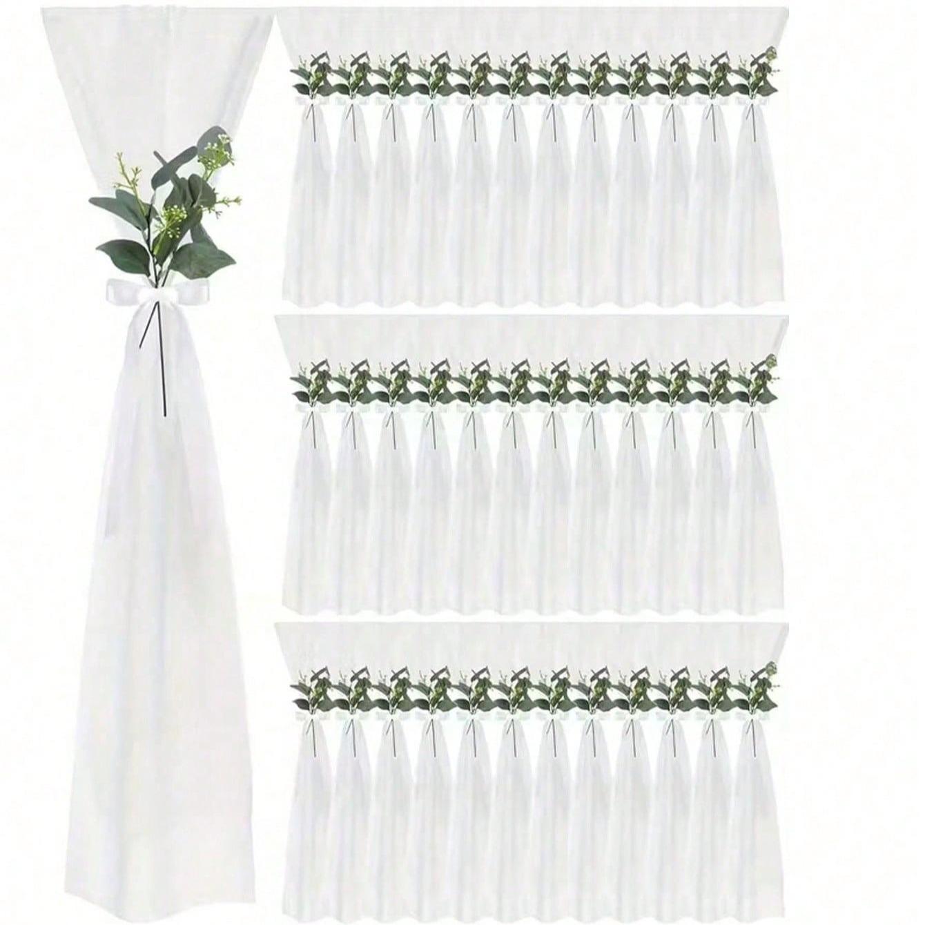Wedding Chair Ribbon Set with Realistic Flower Decorations, Includes Chiffon Ribbons and Eucalyptus Leaves, Perfect for Church Pews and Bridal Walkway