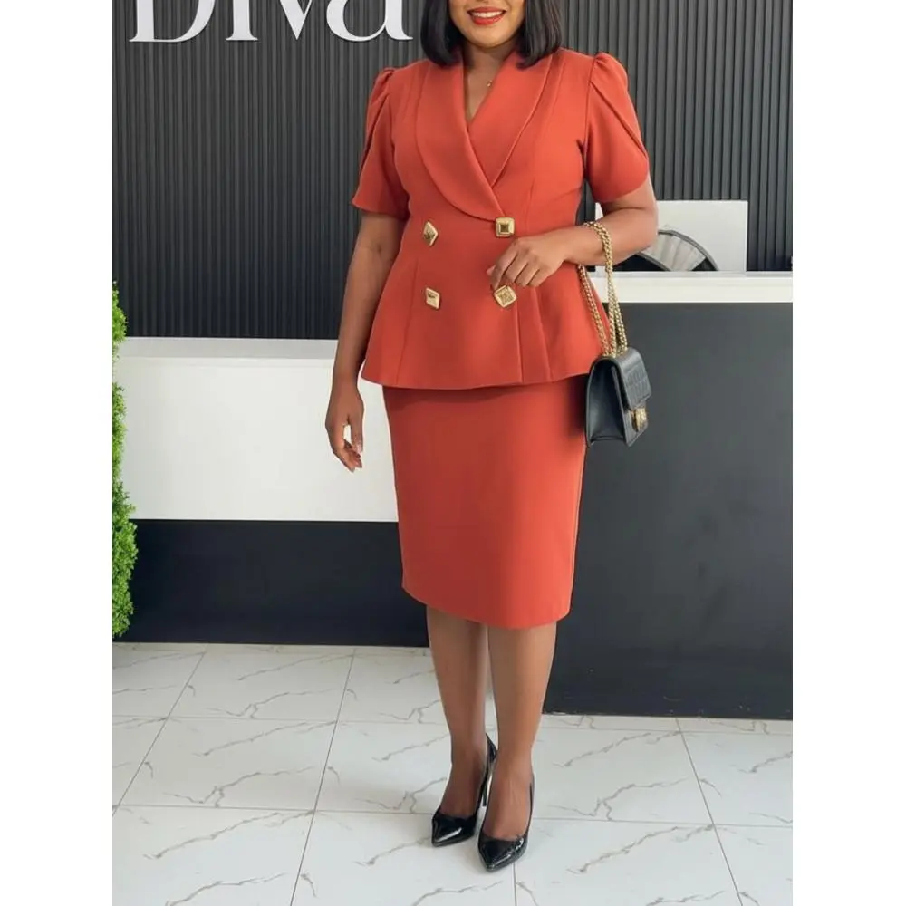 Elegant Structured Peplum Blazer Knee Length Skirt Business Suit Set