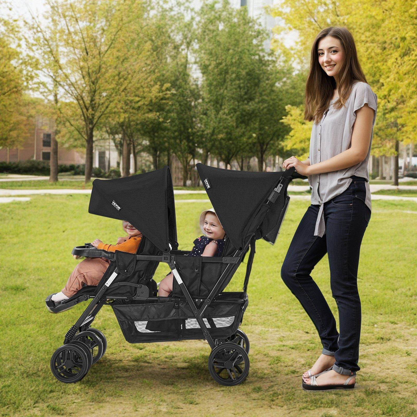 VEVOR Lightweight Foldable Tandem Double Stroller with Tandem Seating, Adjustable Backrest, Adjustable Footrest, Wrap Harness, Storage Tray, Storage Basket, Push Handle, for Newborns (Newborn Baby Stuff), Outdoor Walks (Black)