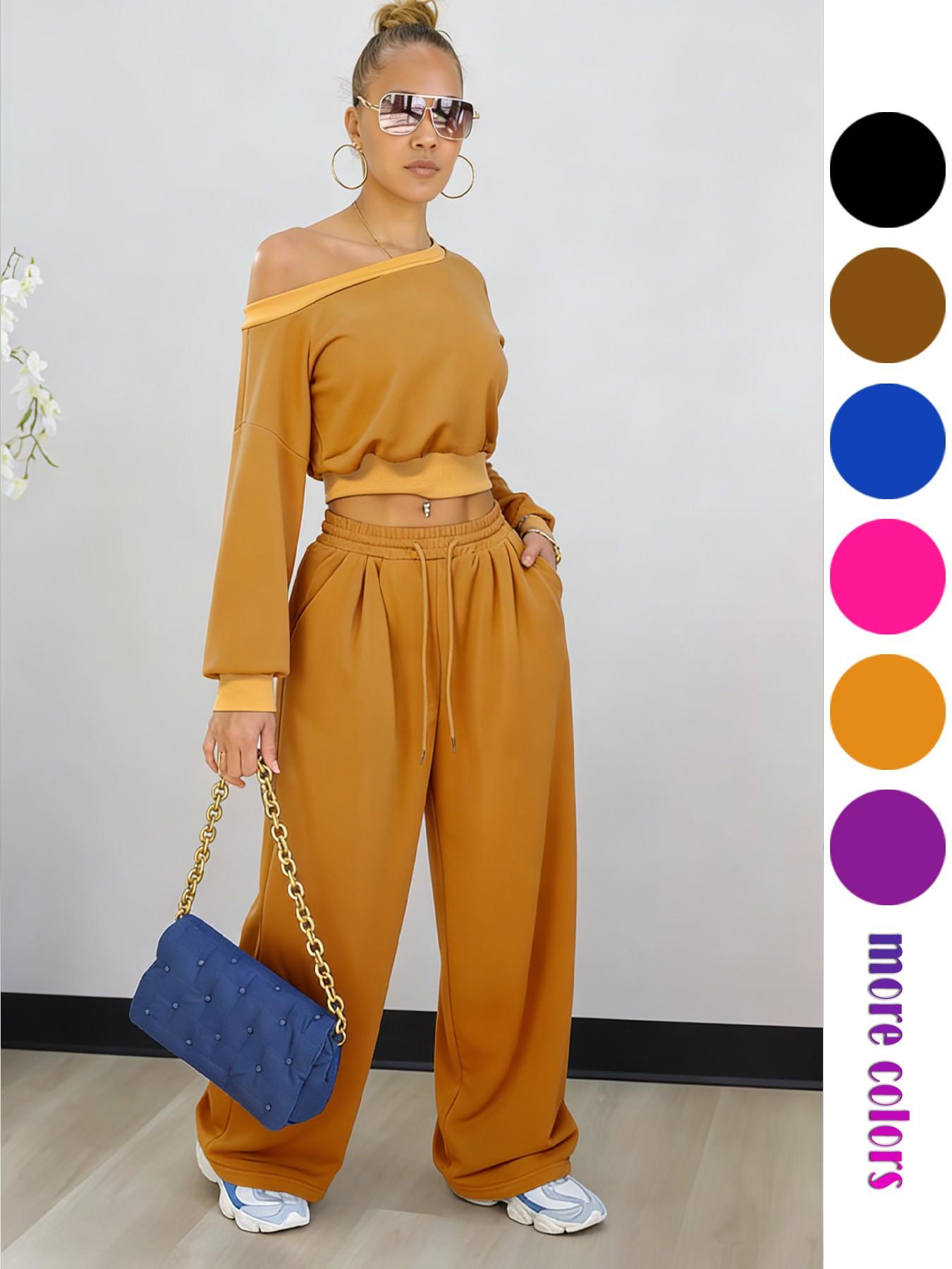 2026Women's Casual Two-Piece Set, Plain Loose Fit Design, Long Sleeves & Pockets, Perfect for All Occasions, Y2K Style