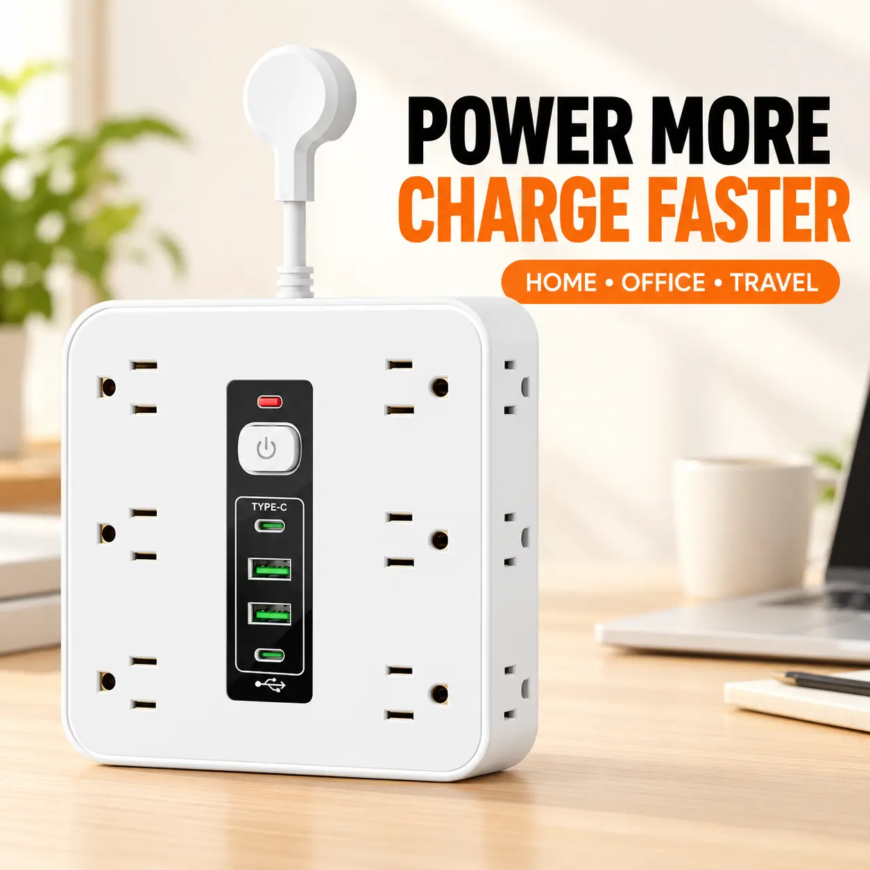 Compact Multi Outlet Power Strip with Surge Protection, 12 AC Plug Sockets and 4 USB Charging Ports Including Type-C Fast Charging, Space Saving Charging Station for Desk, Bedroom and Travel
