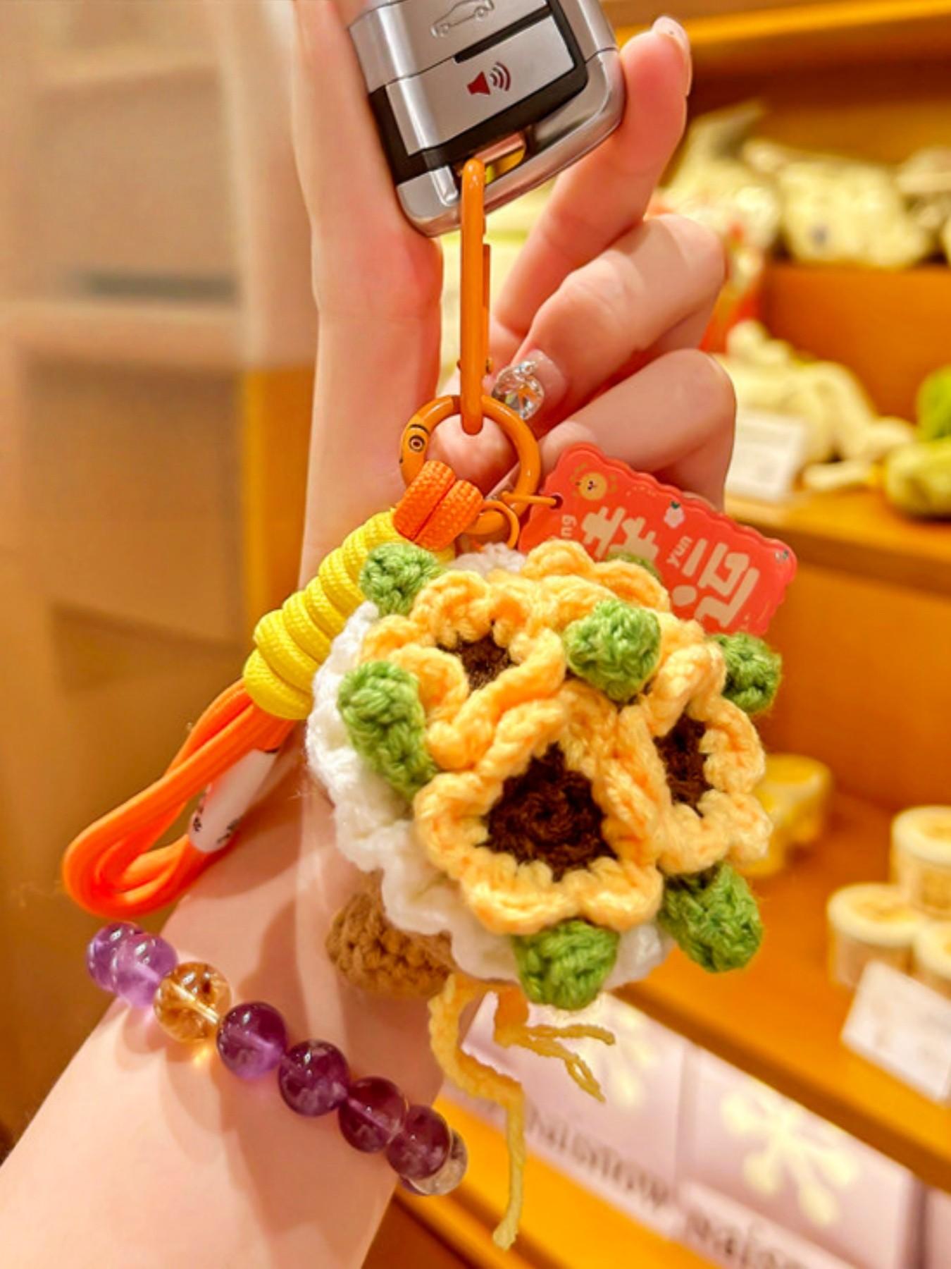 Handmade Crochet Mini Flower Bouquet Keychain Set Cute Knitted Rose Lavender Sunflower Pendant Key Ring Aesthetic Backpack Bag Charm Romantic Gift for Women Girls Her