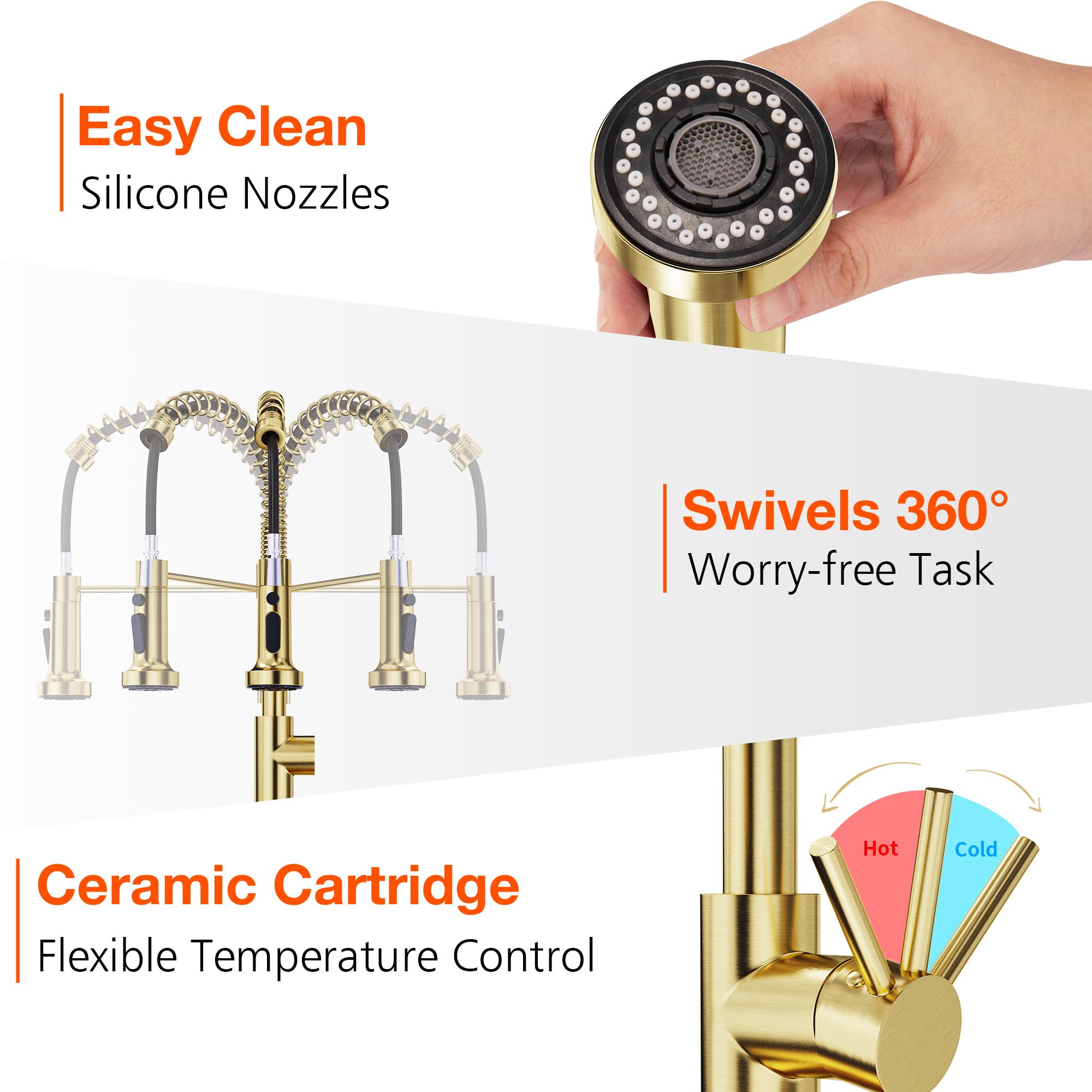 FORIOUS Gold Kitchen Faucet with Pull Down Sprayer，Single Handle Stainless Steel Kitchen Sink Faucet 360 Rotation Adjustable Sink Basin Faucet