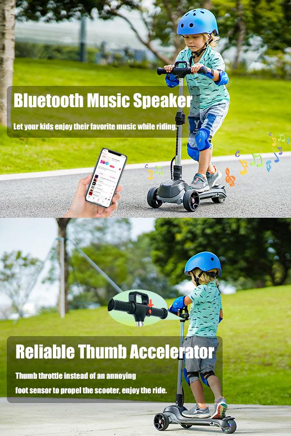 【Christmas Choice】Electric Scooter for Kids Ages 3-12 with Bluetooth Music Speaker, LED Light 3 Wheels, Thumb Accelerator, 3 Adjustable Height Toddler Motorized Scooters, Balance Training Scooter for Toddlers, Foldable Electric Scooter for Boys/Girls