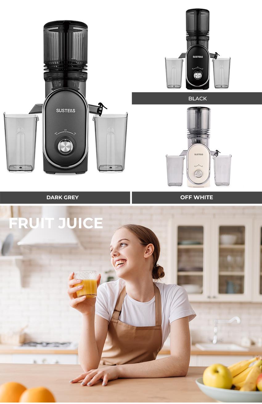 SUSTEAS Masticating Cold Press Juicer XL - 4.25" Feed Chute, 98% Juice Yield, Dishwasher-Safe, Easy Assembly, Dual Filter Technology, High-Speed Kitchen Blender for Whole Fruits