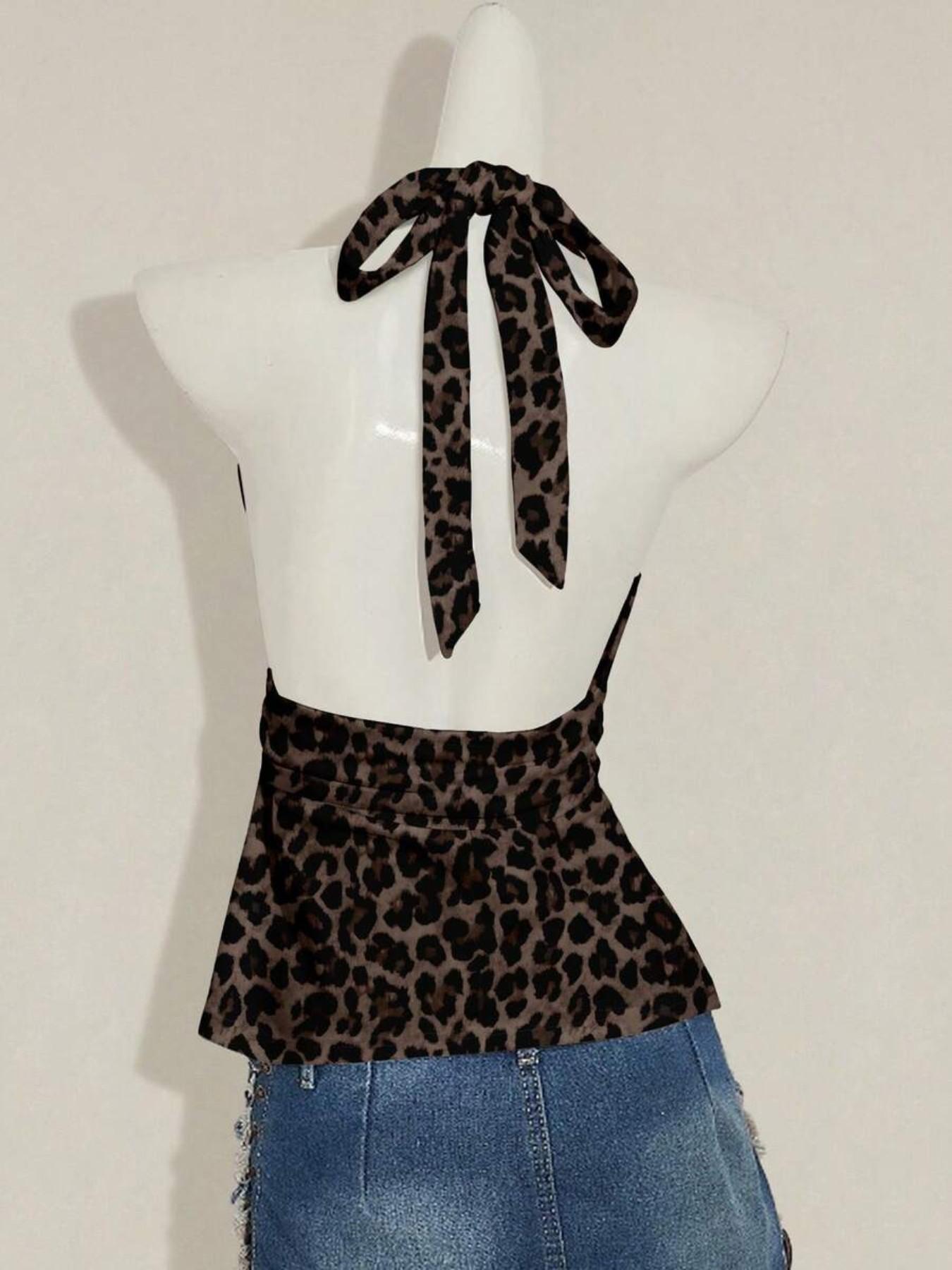 This Leopard Print Halter Top is Y2K Retro Edgy Vibes 🐆 | Deep V Ruched Peplum Top