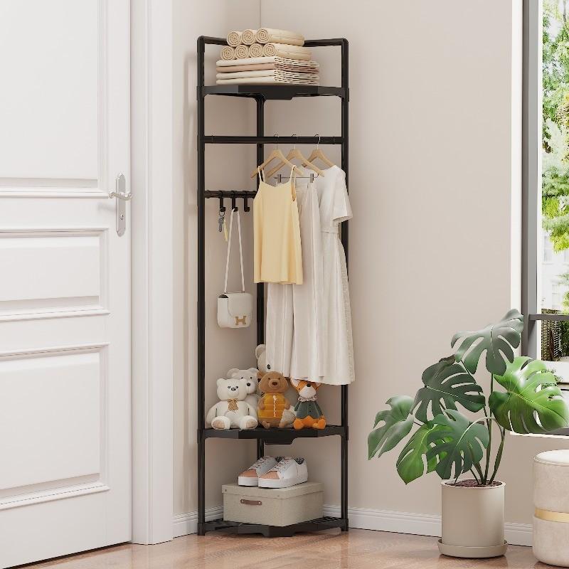 Multifunctional Corner Clothes Rack, Frame Storage Rack, Metal Material, Stainless Steel Finish, Space Saving, Ideal for Bedroom Office Retail, Portable Plastic Accessories