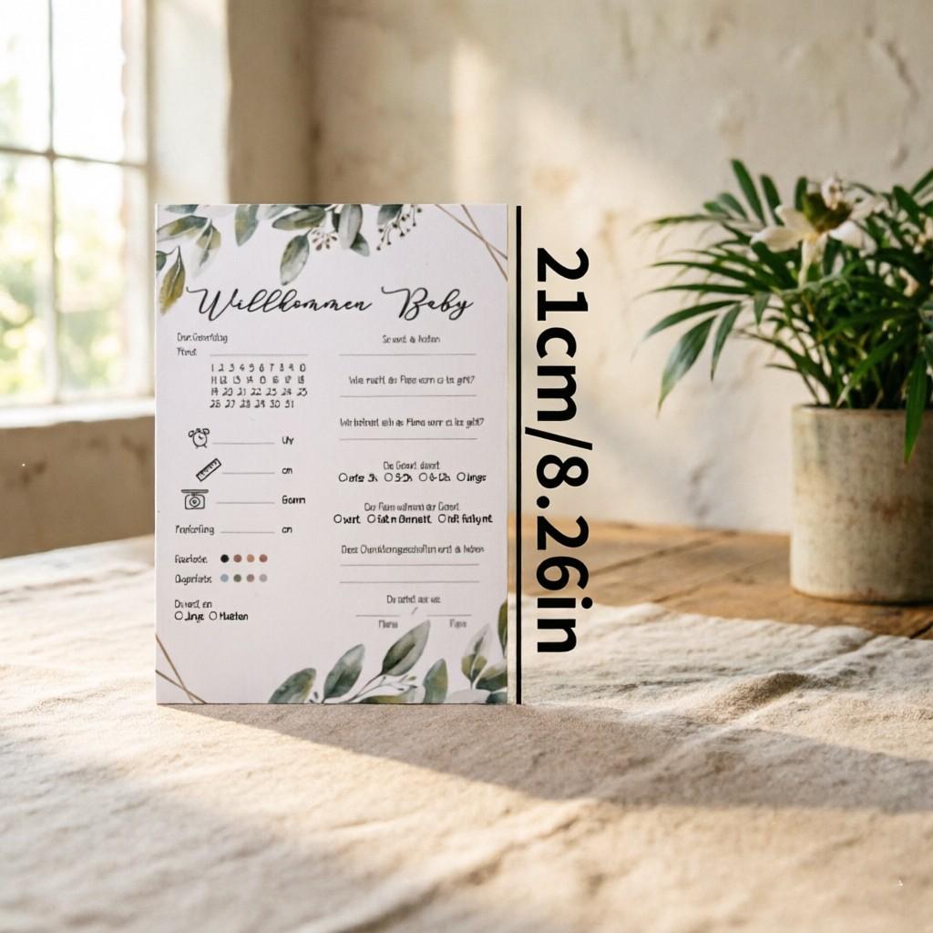 10 German Newborn Welcome Cards, Watercolor Leaf Baby Party Greeting Cards, Baby Birth Info Guessing Game, Interactive Paper