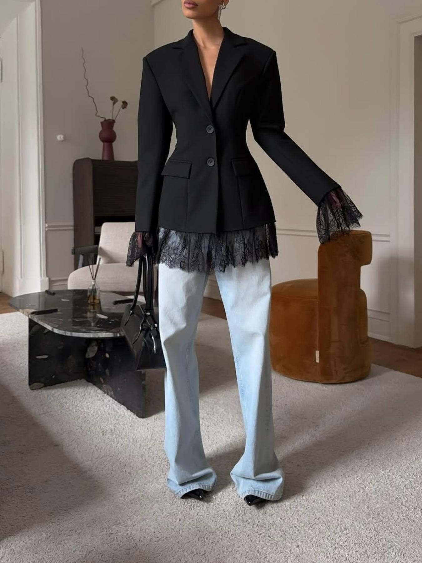 Women's Fitted Pure Color Woven Fabric Lace Patchwork Button Waistcoat Jacket, Office Evening Date Formal Banquet Fall Winter