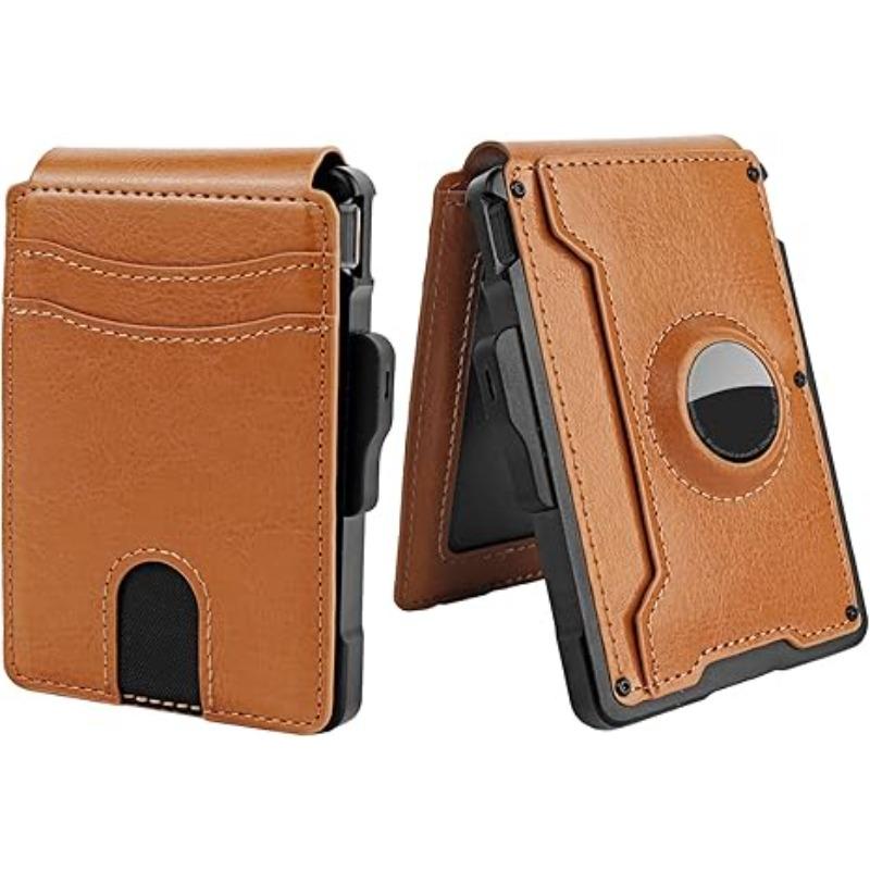 Slim AirTag Wallet for Men - Pop-Up Aluminum Case, RFID Blocking Leather Bifold with Money Clip & Card Slots, Includes Gift Box,No Airtag Included,Carbon Black