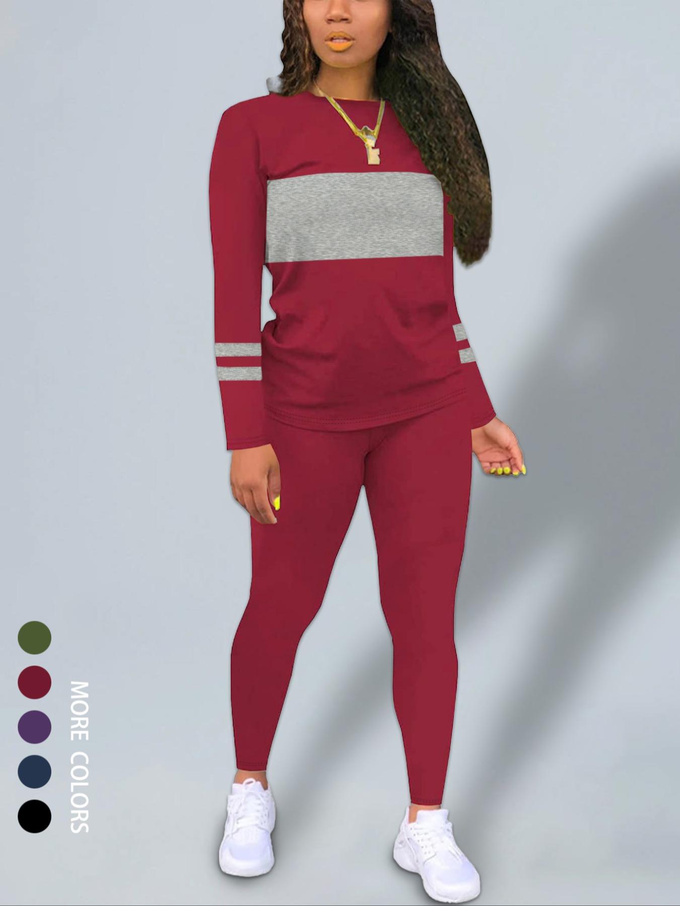 Women's Fall New Colorblock Round Neck Long Sleeve Top & Skinny Pants Set, Casual Two-Piece, Comfortable Fashion Clothing