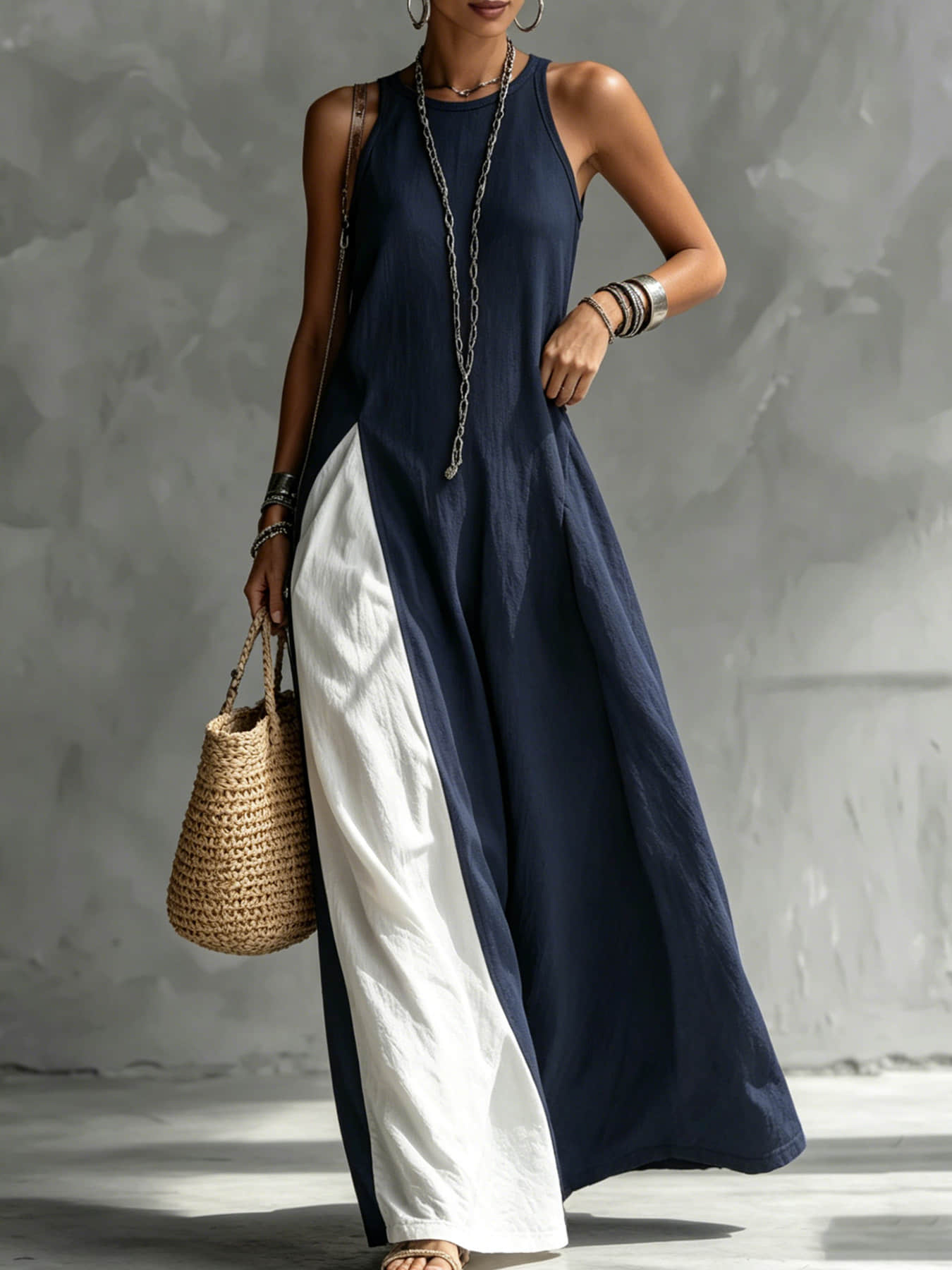 A women's color-blocking dress, Casual Beach Dress, Beach Resort Wear, with sleeveless vest, draping and flesh-concealing long skirt, suitable for summer, beach vacation, exploring shops, attending exhibitions, dating, and enjoying afternoon tea