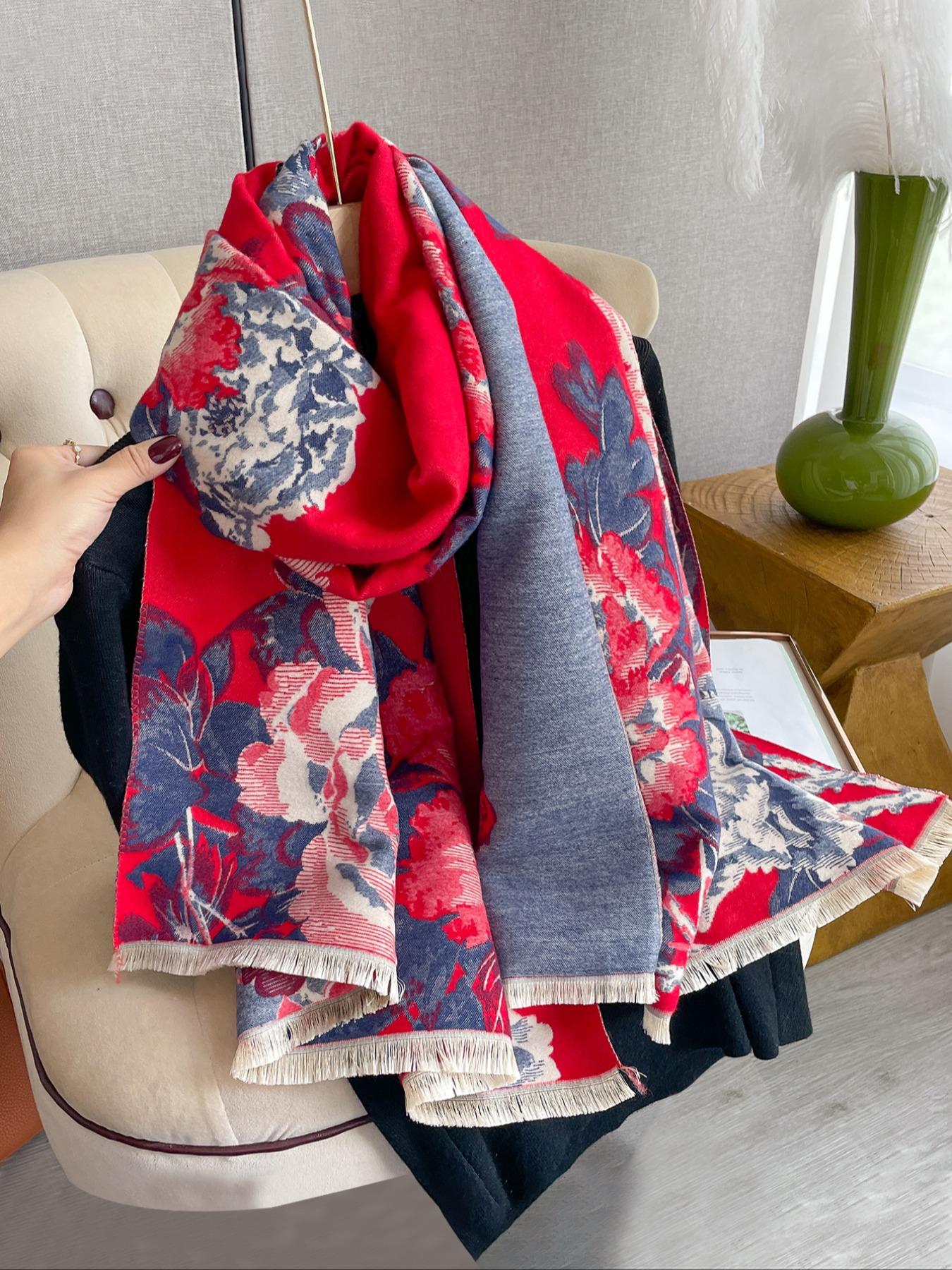 Women's Fashion Scarf, Floral Jacquard Shawl, Warm Thick Woven Fabric, Elegant Fitted Design, Perfect for Fall & Winter Wear