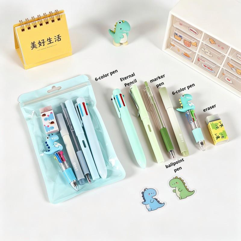 1 set of 6-piece dinosaur themed stationery, including dinosaur 6-color pens, pencils, ballpoint pens, erasers, and markers, Essential for back to school, Study Supplies. There are 3 colors to choose from, suitable for classroom rewards and holiday gifts
