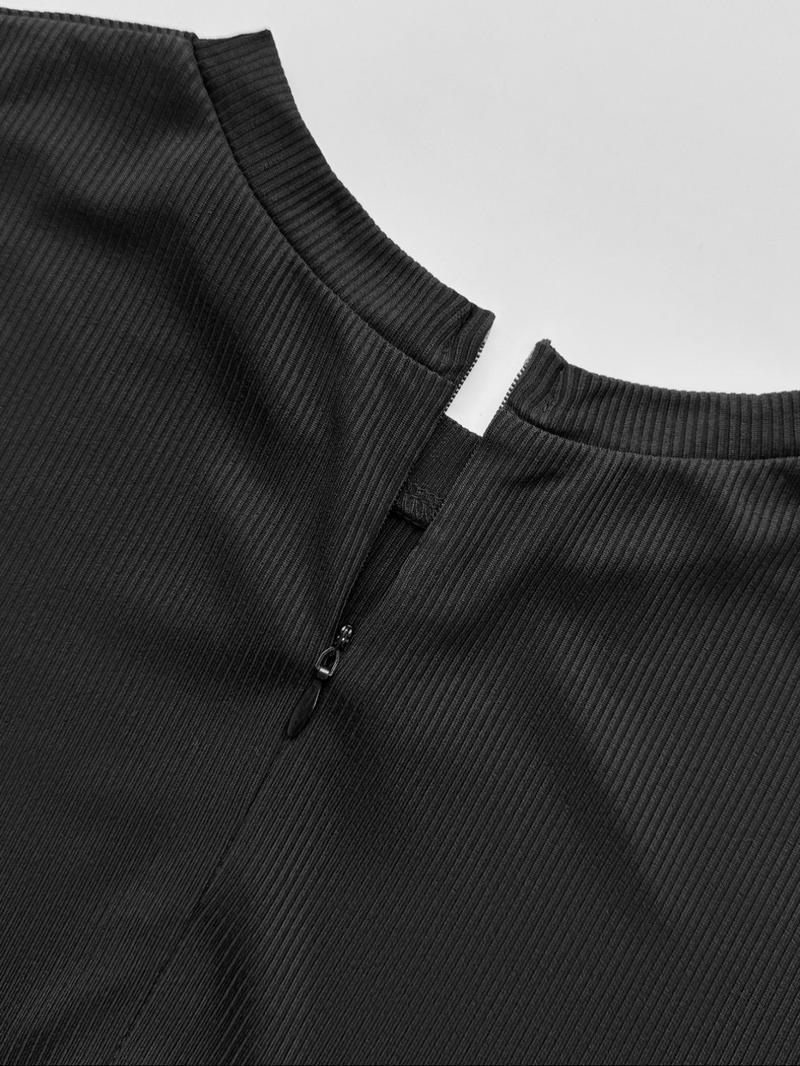 Womens Ribbed Romper Short Sleeve Jumpsuit Stretchy Bodysuit Slim Fit One Piece Casual Lounge Outfit Solid Black Soft Knit Fabric Bodycon Playsuit Crew Neck Summer Casual Wear High Stretch Figure Hugging Streetwear Minimal Chic Style