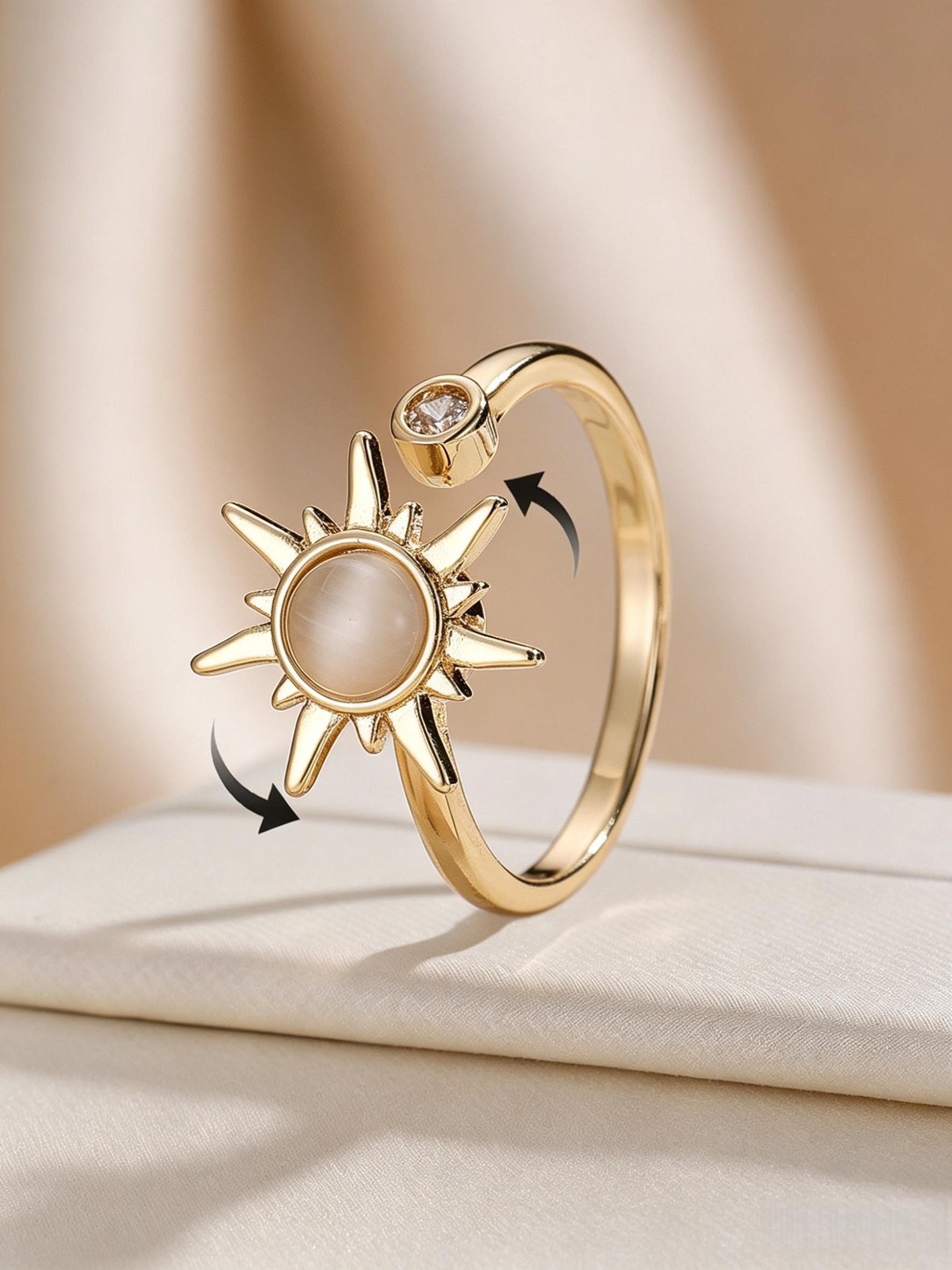 2pcs Spinning Sunburst Stress Relief Adjustable Open Stackable Finger Rings, Gold Plated + Silver Plated Set, Calming Fidget Jewelry Rings for Women, Daily Casual Party Birthday Gift, Viral Aesthetic Trendy Jewelry