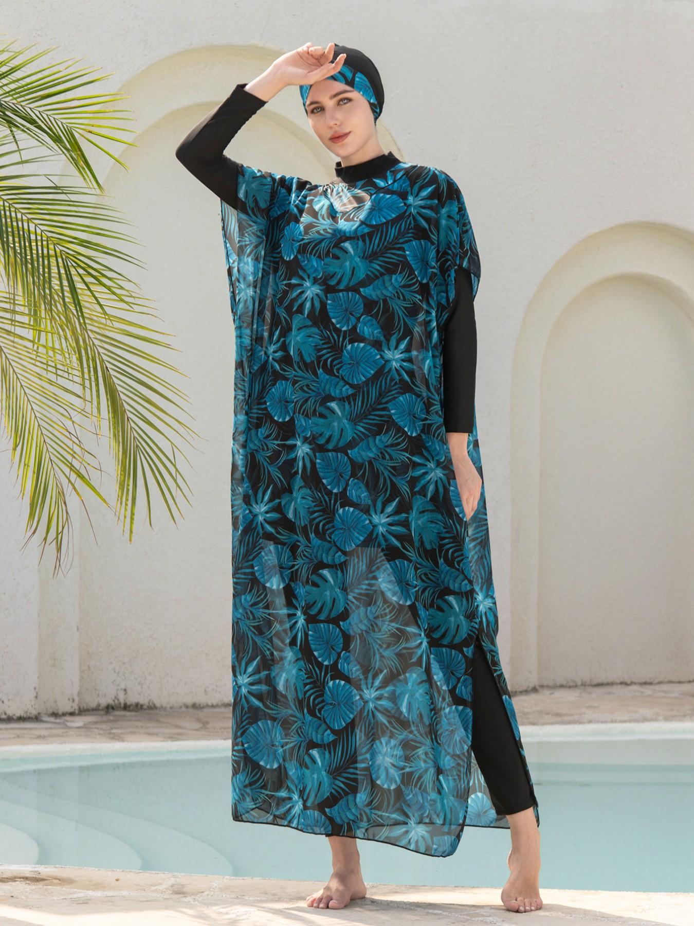 Muslim Ramadan Long Sleeve Pants Set, Women's Conservative Middle East Bikini Full Coverage Swimwear, Summer Beach Vacation Style