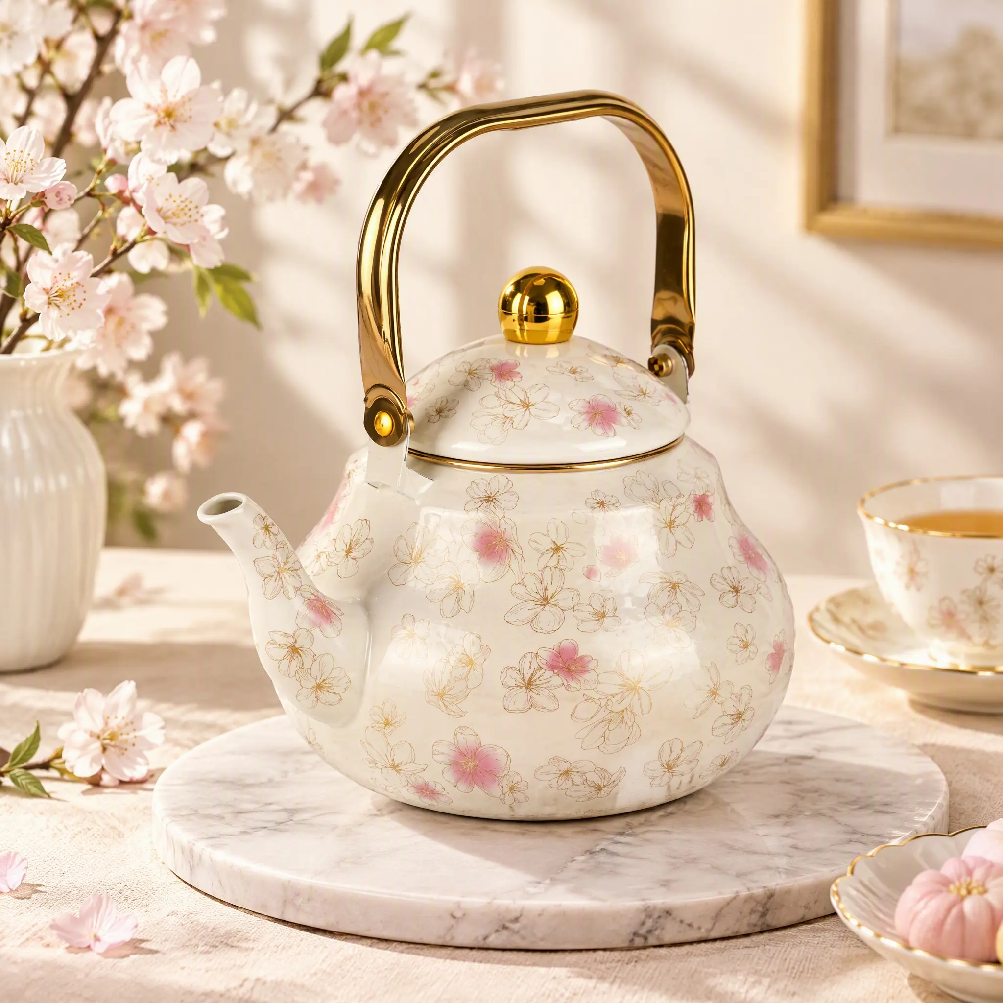 Vintage Floral Enamel Tea Kettle with Lid, Stovetop Tea Pot with Handle, Retro Flower Teapot for Kitchen, Coffee & Tea, A Profusion of Flowers