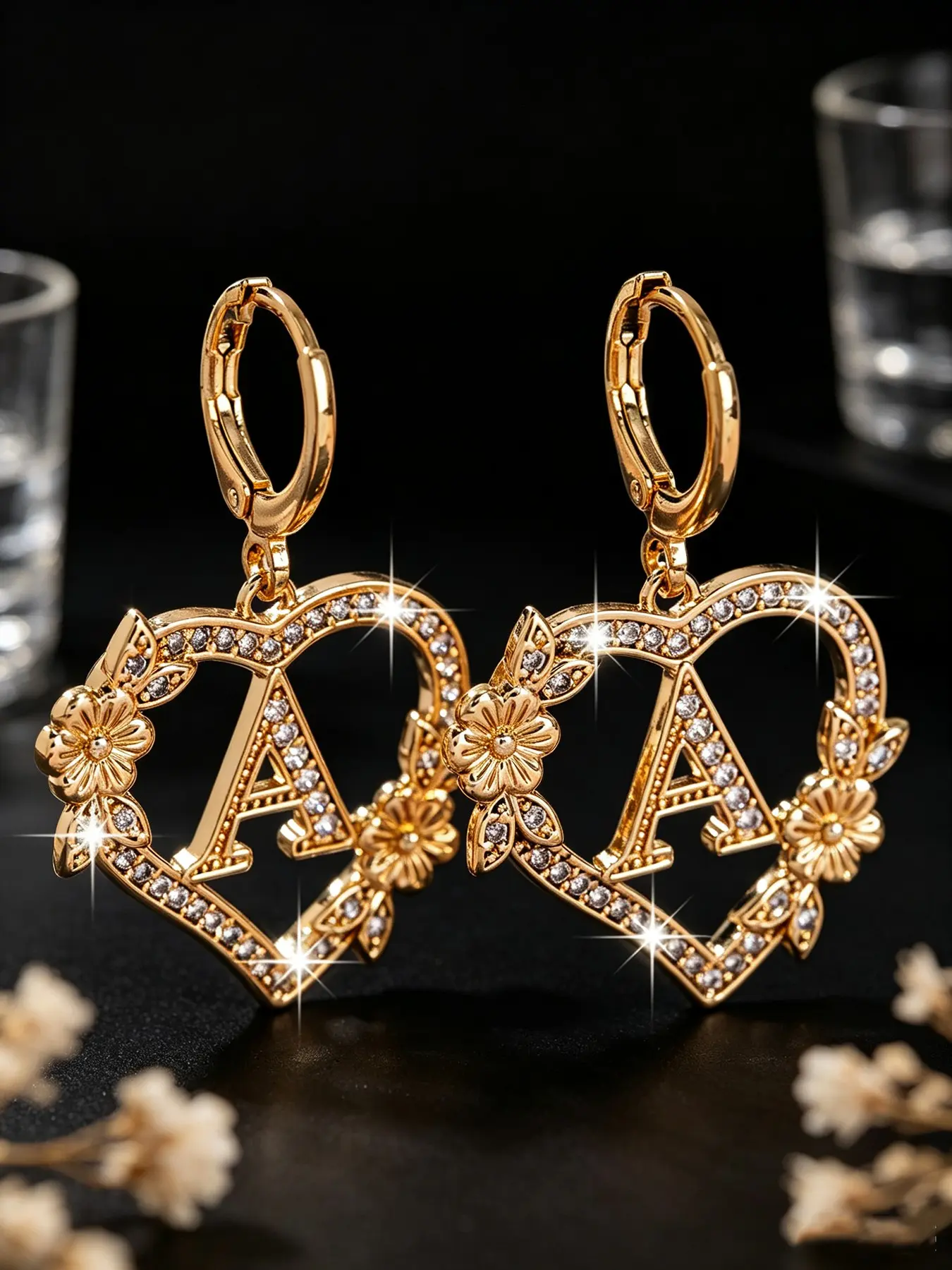 Elegant Zircon Flower Hollow Heart Inner 26 Initial Letter Pendant Hoop Earrings, Unisex Hip Hop Retro Trendy Jewelry, All Seasons Fashion Accessory, Trendy Fashionable Accessories