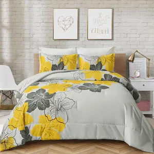 Floral Comforter Set Full Yellow Floral Pattern Printed on Grey - Soft Microfiber Bedding Set Lightweight Boho Bed Comforter Set for All Season, 3 Piece