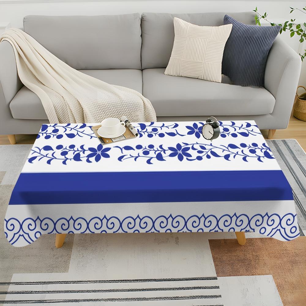 JIT 1pc 2D flat modern blue floral pattern rectangular tablecloth for dining table, kitchen, living room, and dining room, kitchen accessory, party, room & outdoor decorative tablecloth, a tablecloth gift for friends