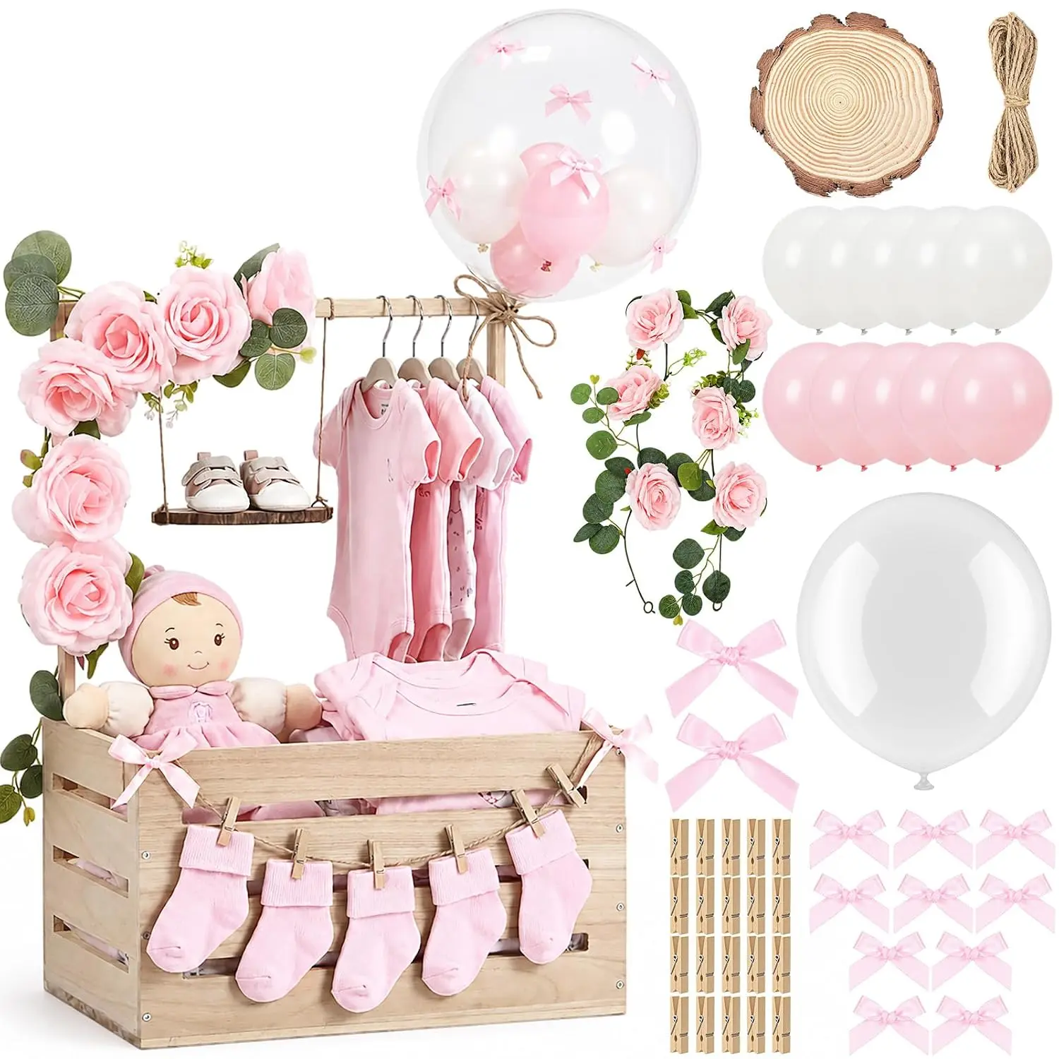 Wooden Baby Shower Crate Closet with Handle,Swing,Wood| Baby Basket Box with Balloon Bow Rose Eucalyptus Leaf Wreath Clips for Pregnancy Welcome New Parent Boys & Girls Gift