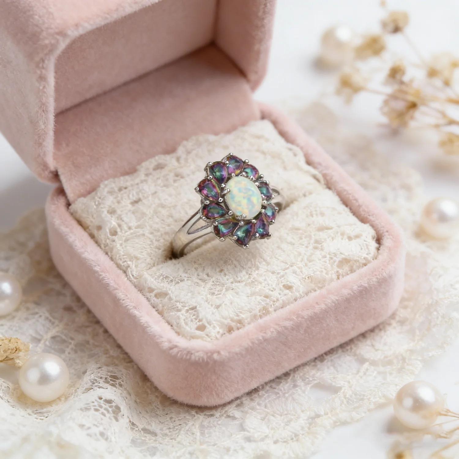 Luxury Floral Rainbow Stone & White Opal Birthstone Rings For Women Fashion Vintage Jewelry Christmas Wedding Gift for Lovers