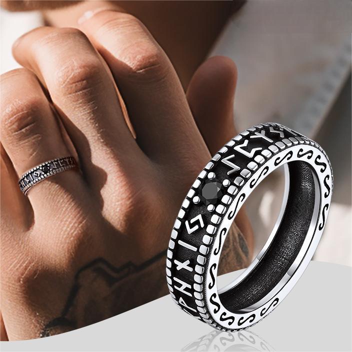 FaithHeart Norse Runes Ring with Black Onyx For Unisex