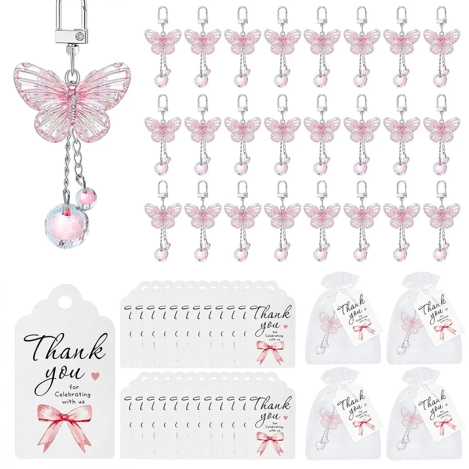 24-Set Pink Flower and Butterfly Keychain Bulk Pack, Baby Shower Gift Favors with Thank You Cards, Party Return Gifts for Festive Occasions