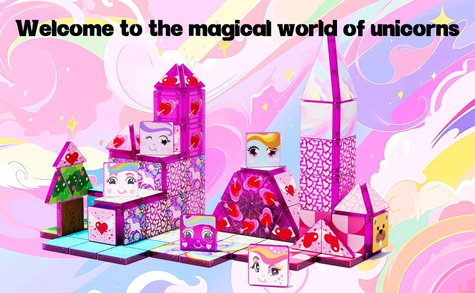 【New Sticker Set】60PCS,1.48inch Creative Sticker Magnetic Tiles,My Little Pony，Magnet Building Blocks Cubes Construction Stacking Educational Assembly Toy Preschool STEM Play Creative Playboard for Toddler Kids Ages 3+,Kids Toys best gift