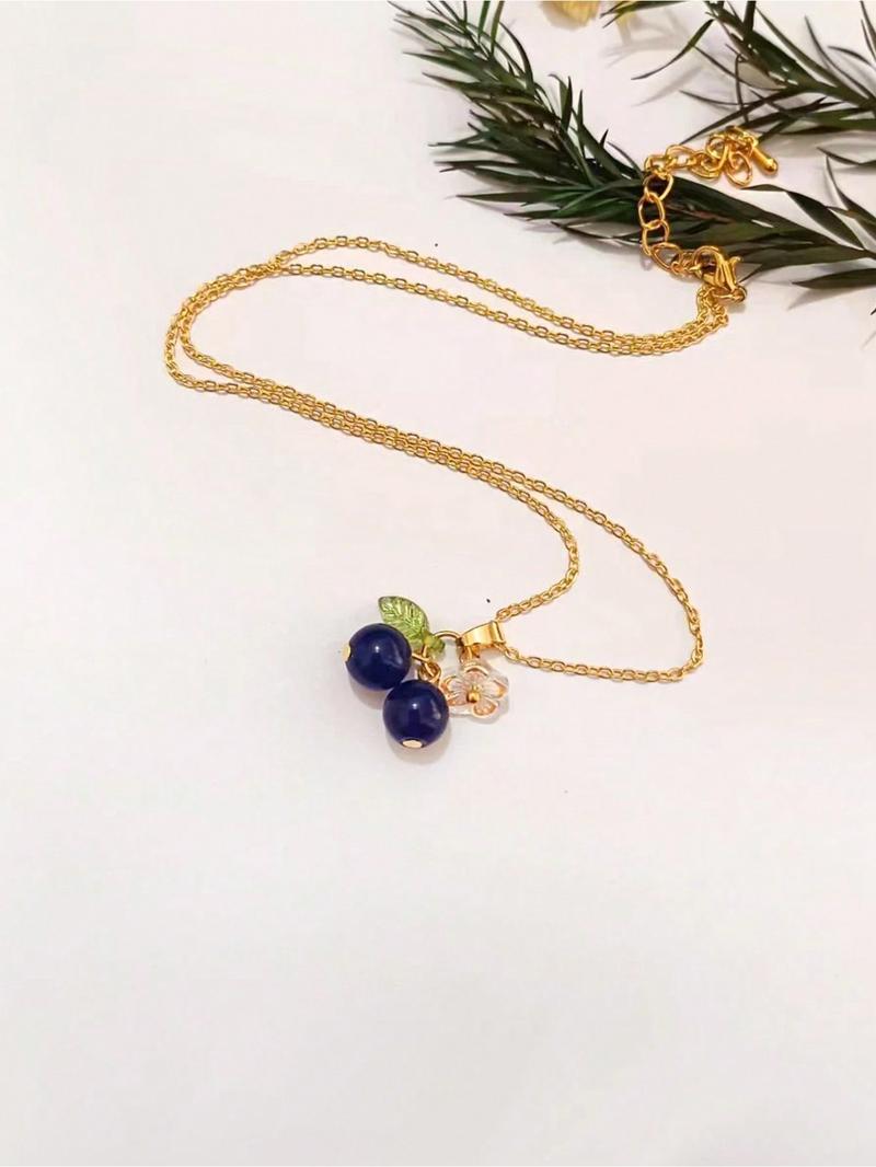 Fashion Trendy Blueberry Acrylic Leaf Flower Pendant Necklace, Simple Design Women Fruit Party Vacation Versatile Necklace