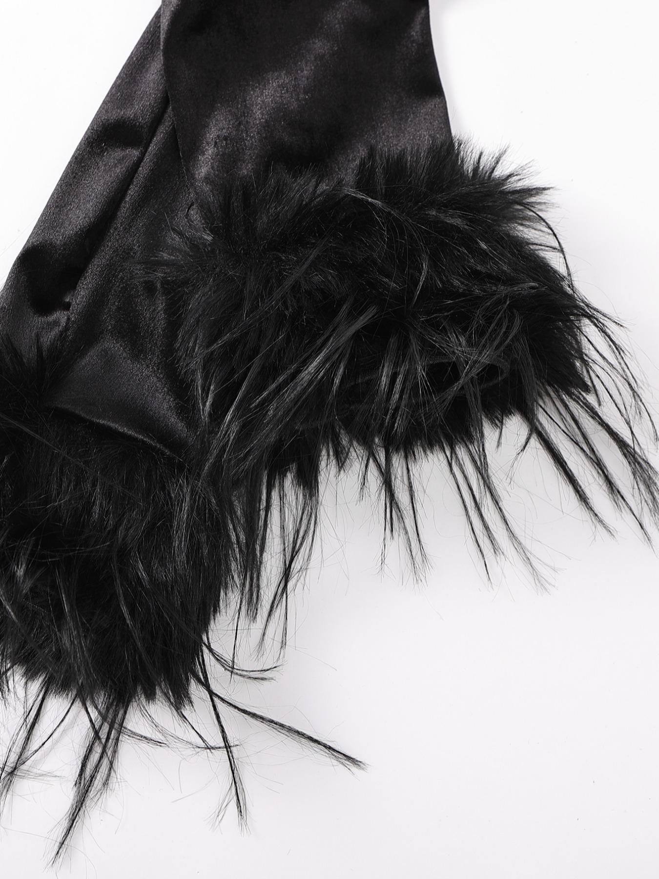 Women's Velvet Feather Patchwork Tight-Fitting Round Neck Long Sleeve Formal Evening Dress, Fall Winter Fashion Party Gown