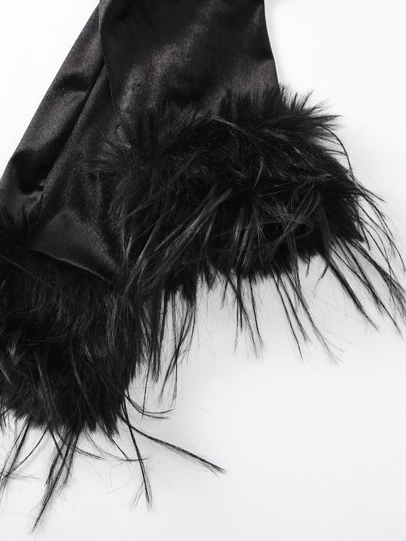 Women's Velvet Feather Patchwork Tight-Fitting Round Neck Long Sleeve Evening Dress, Fall Winter Fashion Party Gown