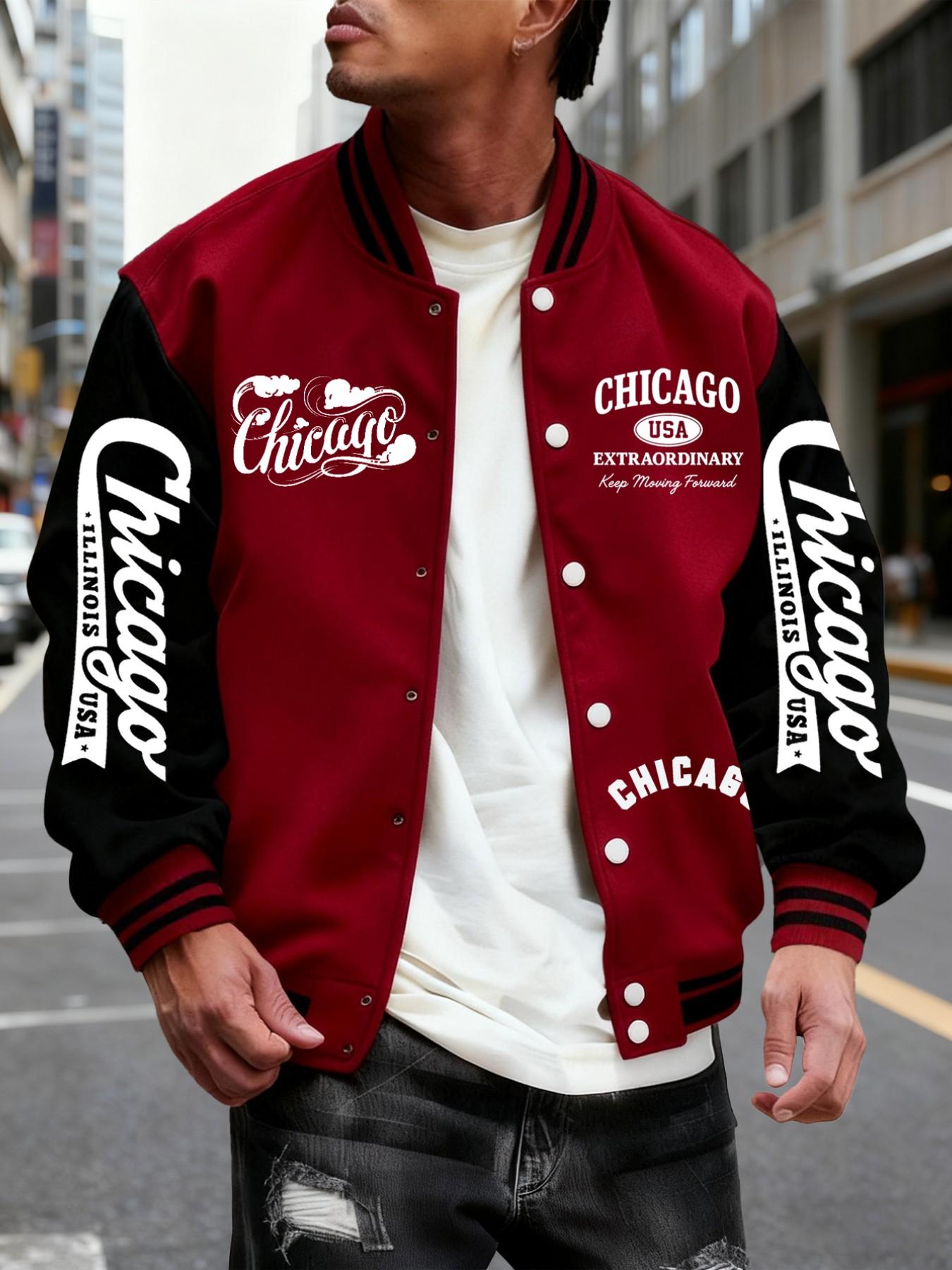 Men's Baseball Jacket, Chicago Style Geometric Pattern, Colorblock Sleeves, Button Closure, Stretchy Fabric, All Season Outerwear
