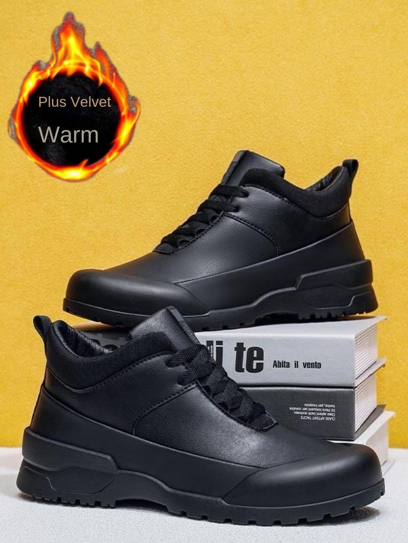 Men's Winter Fleece Lined Leather Shoes, Thick Sole Work Kitchen Boots, Waterproof Non-Slip Chef Shoes, Boots Men's Winter Fleece Lined Leather Shoes, Thick Sole Work Kitchen Boots, Waterproof Non-Slip Chef Shoes, Boots