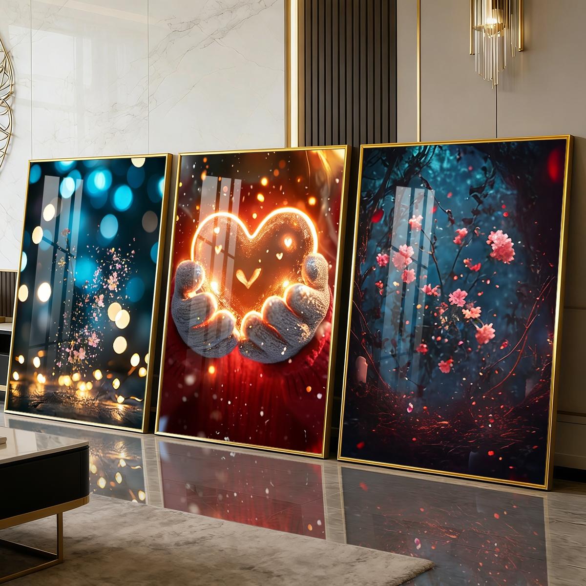 3 Counts Aluminum Alloy Framed Painting, Glowing Heart And Blooming Flowers Pictures, Home Decoration For Living Room, Bedroom, Office, Restaurant, Hallway Wall Decor, Odorless Print Artwork, Luxury Perfect Gift For Friends And Family