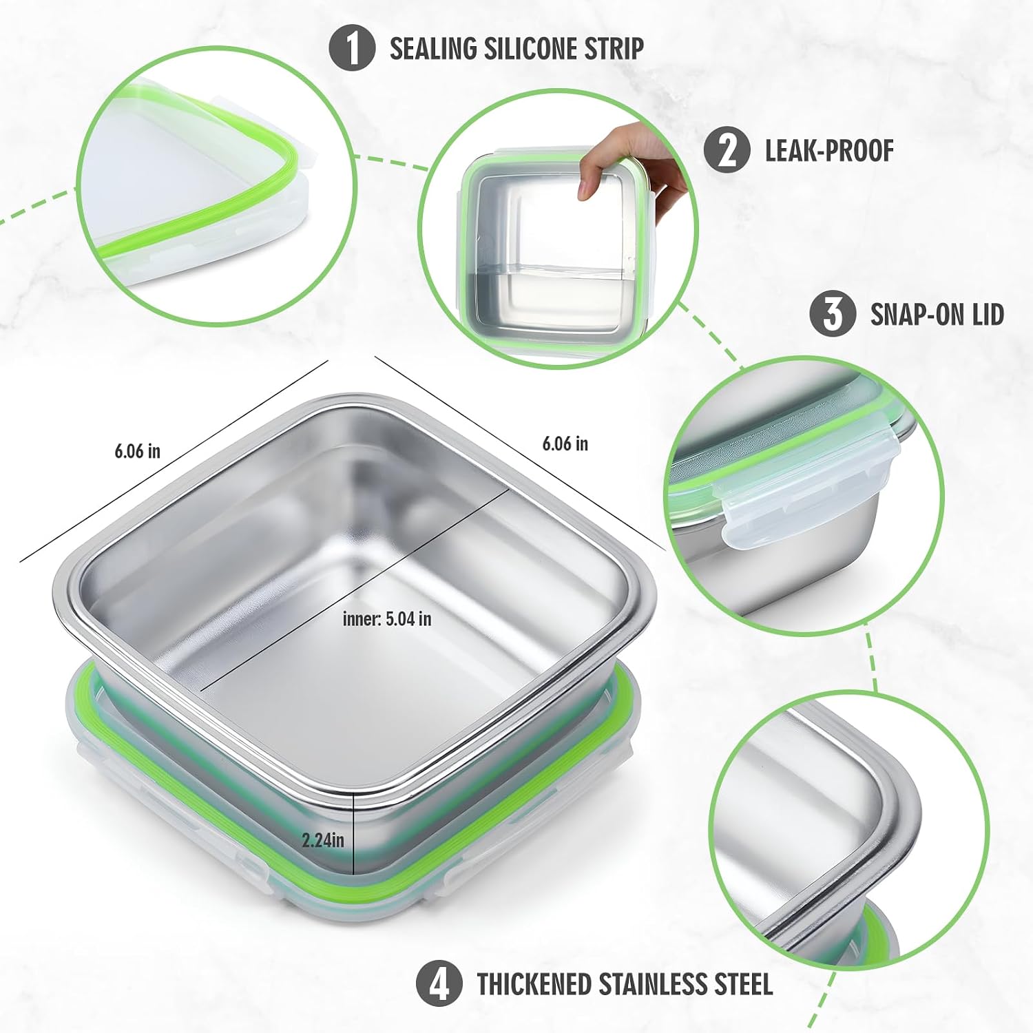 2-Pack 24oz Stainless Steel Sandwich Containers with Airtight Leak-Proof Lids, Metal Lunch Boxes for Meal Prep & Travel, Dishwasher Safe (Green, Black), Lid, Leak-Proof Lid