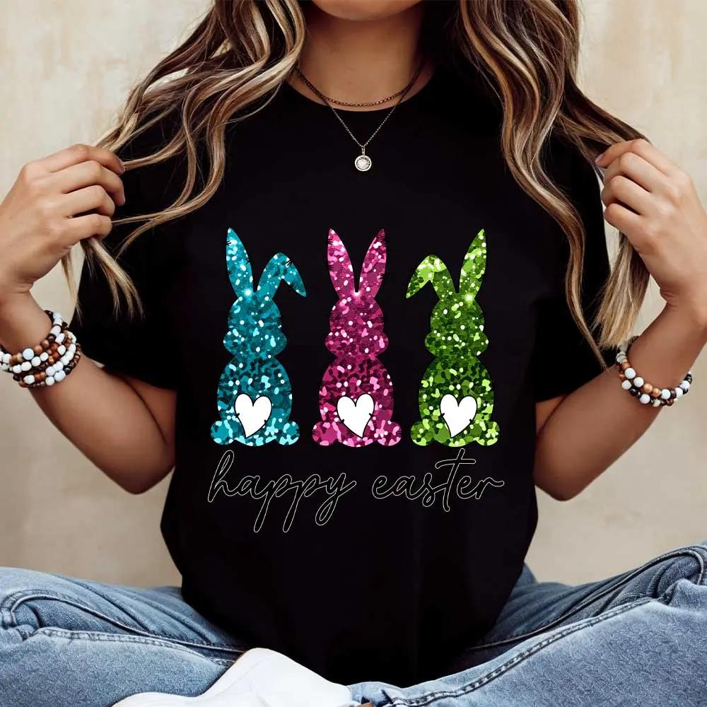 Women Casual Round Neck T-Shirt White Three Color Glitter Bunny Happy Easter Print For Spring Festival Celebration