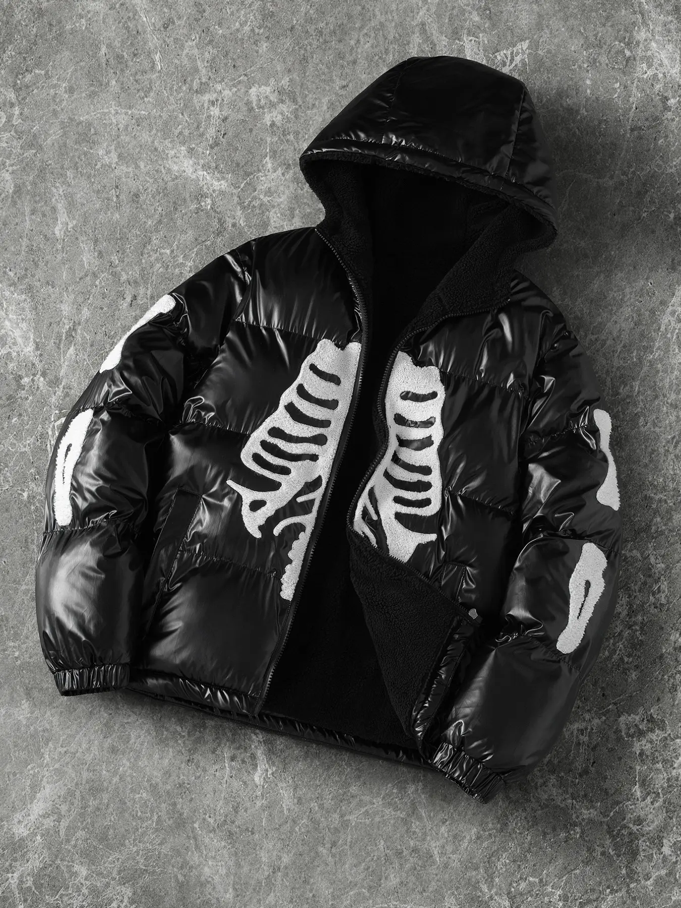 Winter Bestseller Skeleton Print Jacket, Unisex Oversize Hooded Coat, Thick Fleece Lining, Windproof, Streetwear Style, Loose Fit, Hooded Casual Jacket