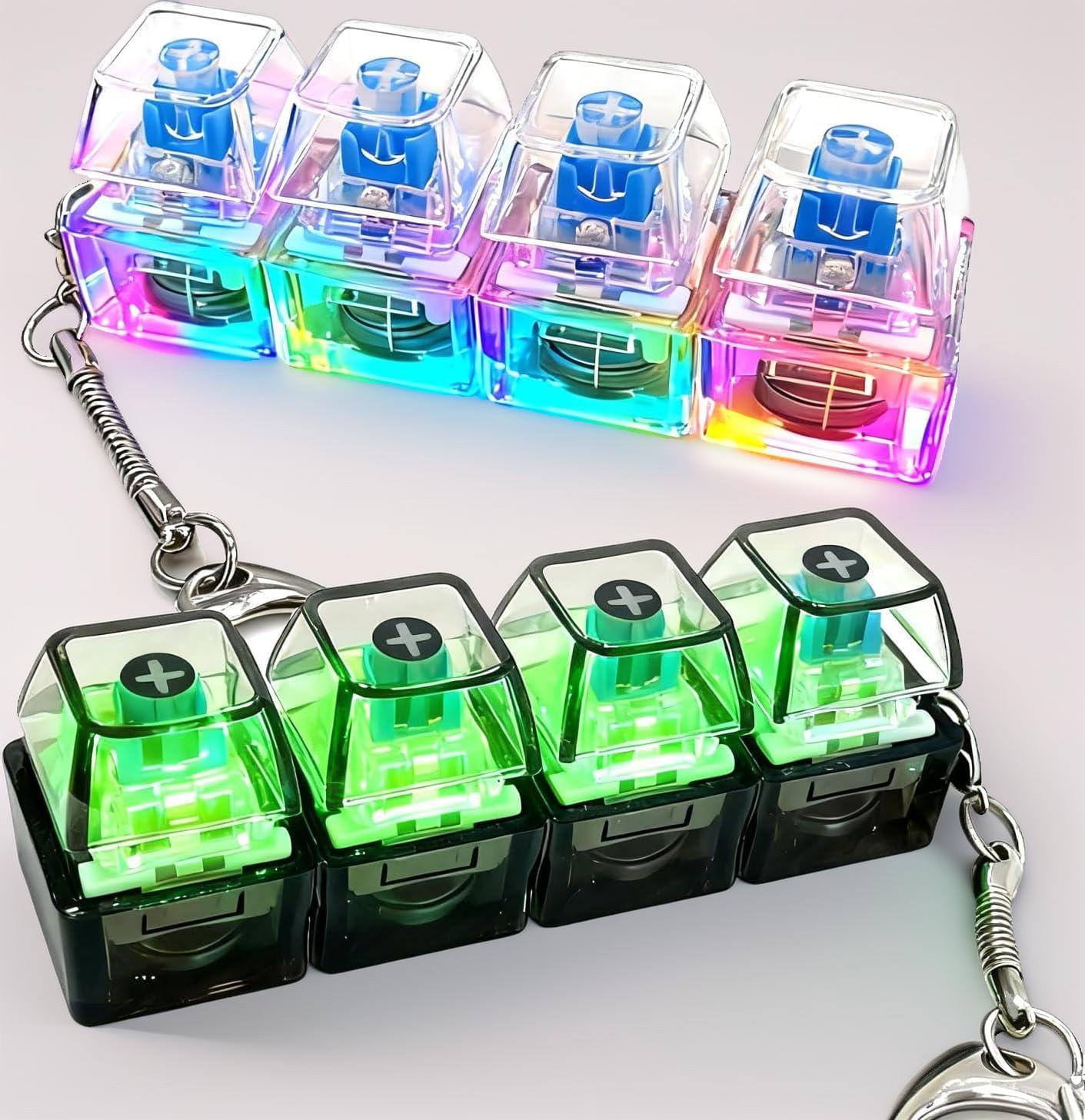 2 Pack Mechanical Keyboard Fidget Keychain with LED Lights - Transparent Click Button for Stress & Anxiety Relief. Portable Finger Clicker Toy for Focus, ADHD, Restless Hands