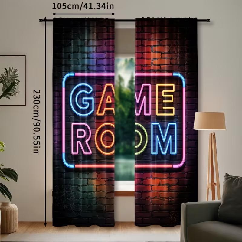 Modern Polyester Game Room Curtains, Semi-Transparent Rod Pocket Curtains, Roller Print Brick Wall Design, All Season Decor