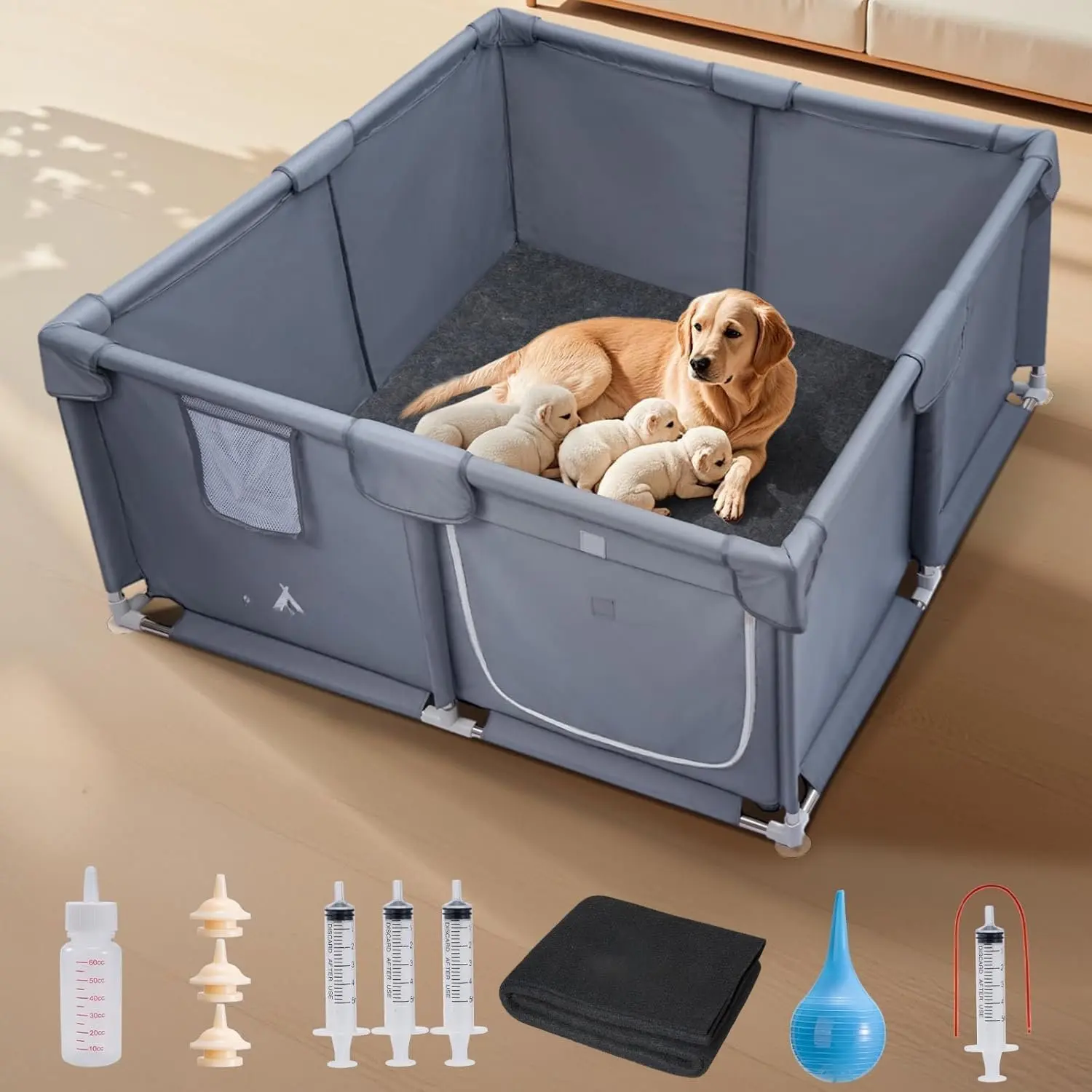Whelping Box for Dogs and Puppies, with 5- Puppy Care Kit | "x47"x24", for Medium/Large Breed Dogs, -Resistant Oxford Fabric  Playpen with Suction Cups