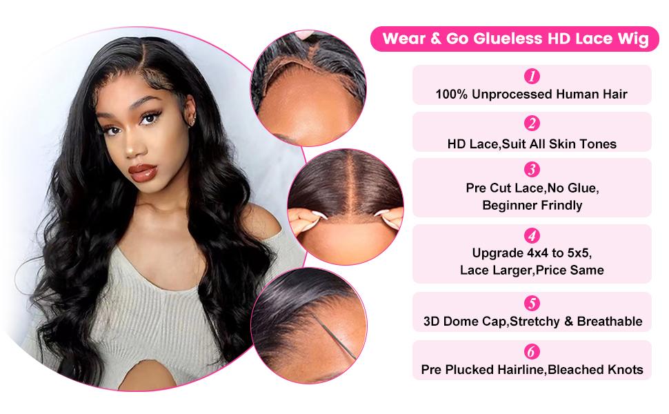 28 Inch Wear and Go Glueless Wigs Human Hair Pre Plucked Pre Cut for Beginners 5x5 HD Lace Closure Wigs Human Hair 180% Density Body Wave Lace Front Wigs No Glue Pre Cut 3 Seconds to Wear Glueless Wig