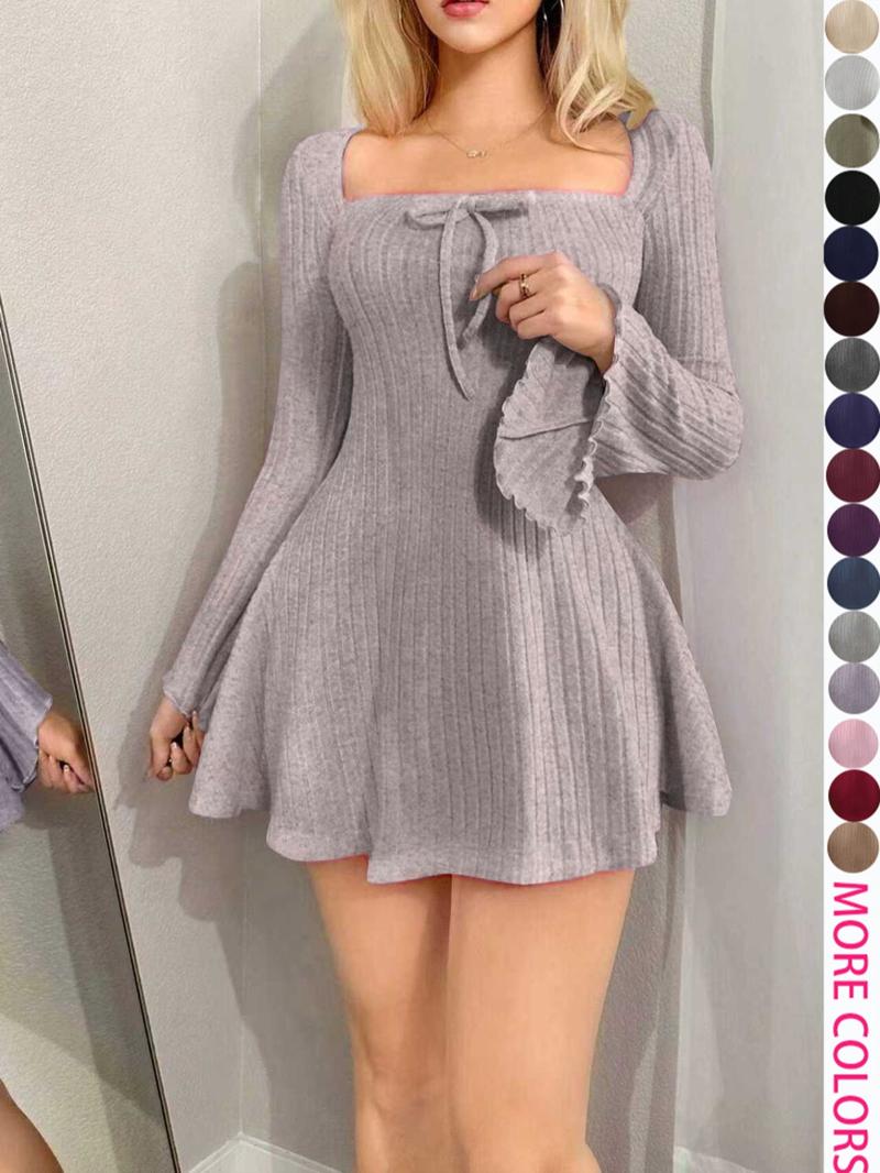 Y2K Style Women's Long Sleeve Mini Dress with Square Neck and Flare Sleeves, Casual for Spring & Fall