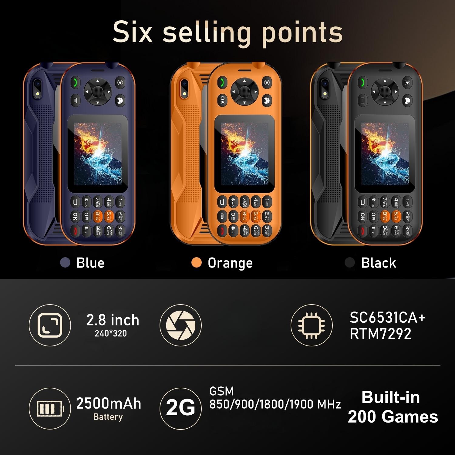 FUFFI Game Phone comes with 200 classic games pre-installed. It features a 2.8-inch screen, a 2500mAh battery, 2G network, dual SIM dual standby, a metal integrated frame, and an ultra-bright flashlight. It is a multi-functional game phone.