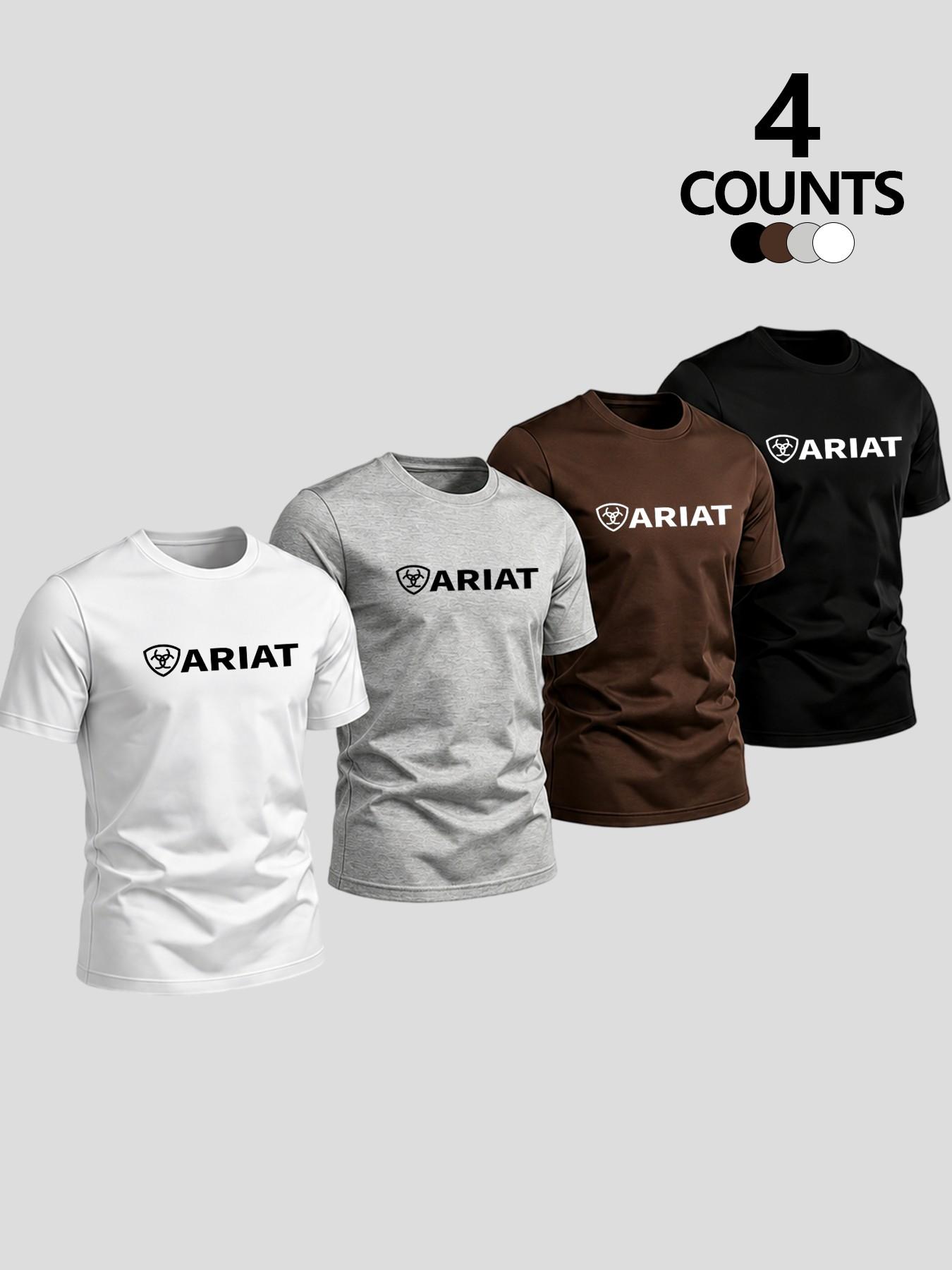 Summer Letter Print Short Sleeve Round Sports T-Shirt 4-Pack, Western Cowboy Style, Breathable Durable, Casual Outdoor Farm Workwear, Multicolor