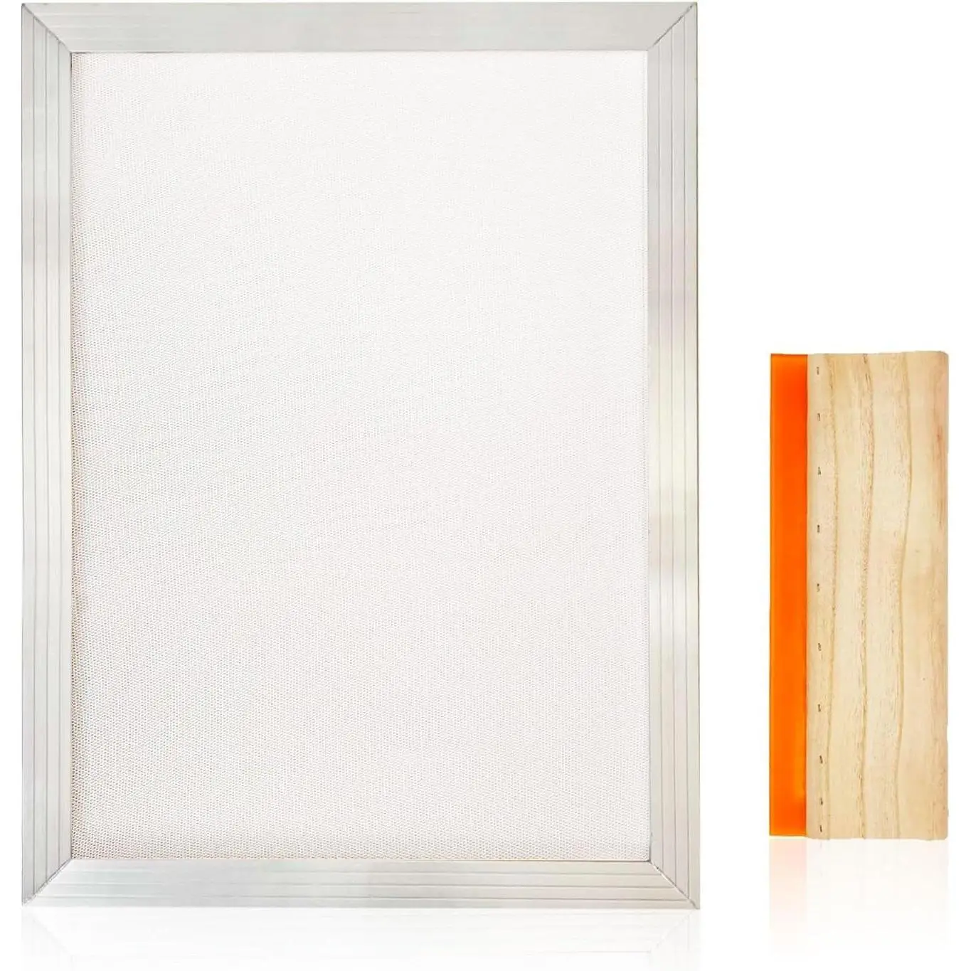 10 X 14 Inch Aluminum Silk Screen Printing Frame with 110 White Mesh, and Including 4 x 10 Inch Wooden Screen Printing Squeegee