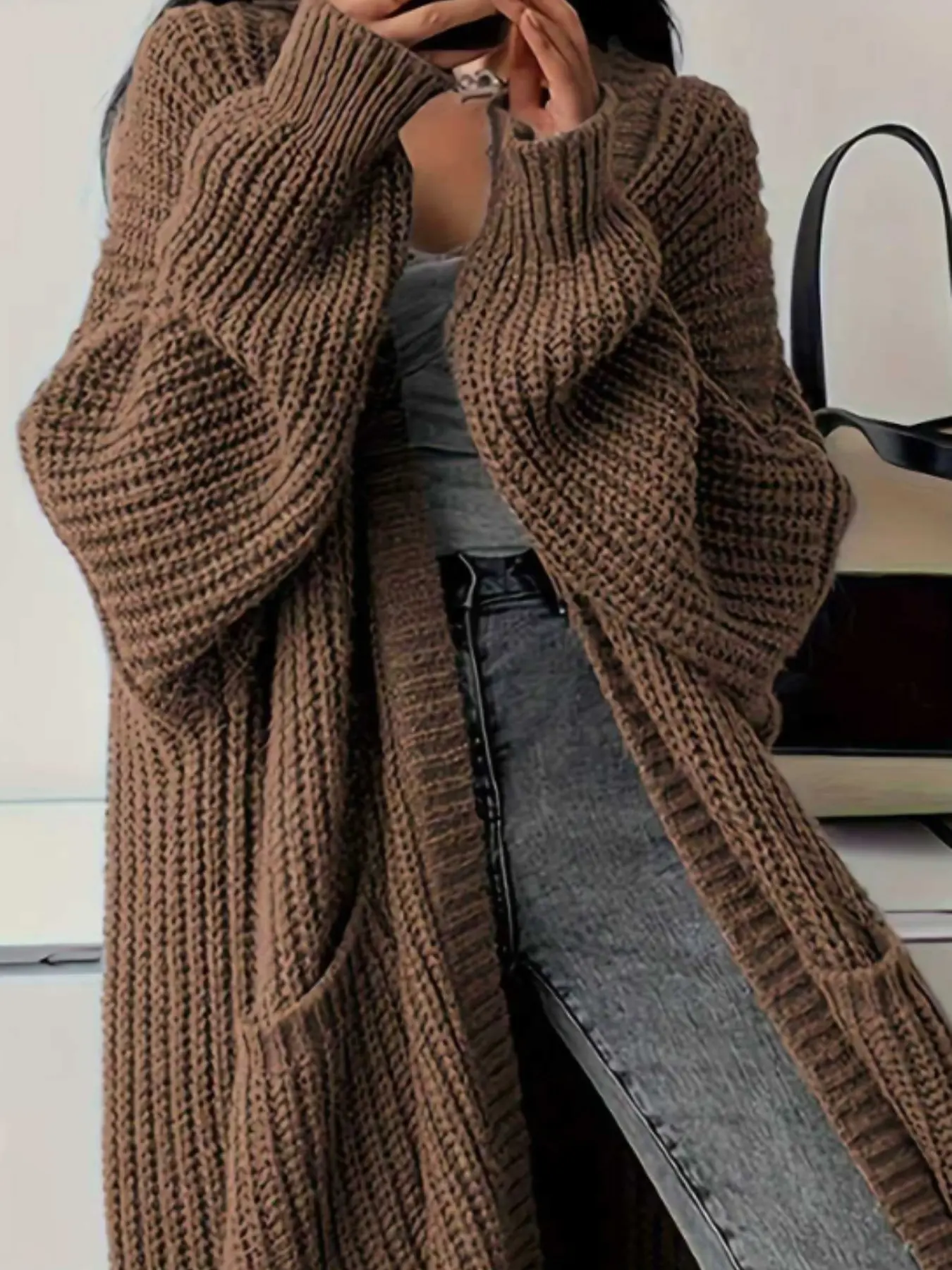 Korean Style Lazy Long Sweater Cardigan, Ribbed Lantern Sleeve Loose Fit Knit Coat, Fall & Winter Casual Solid Pattern Outerwear